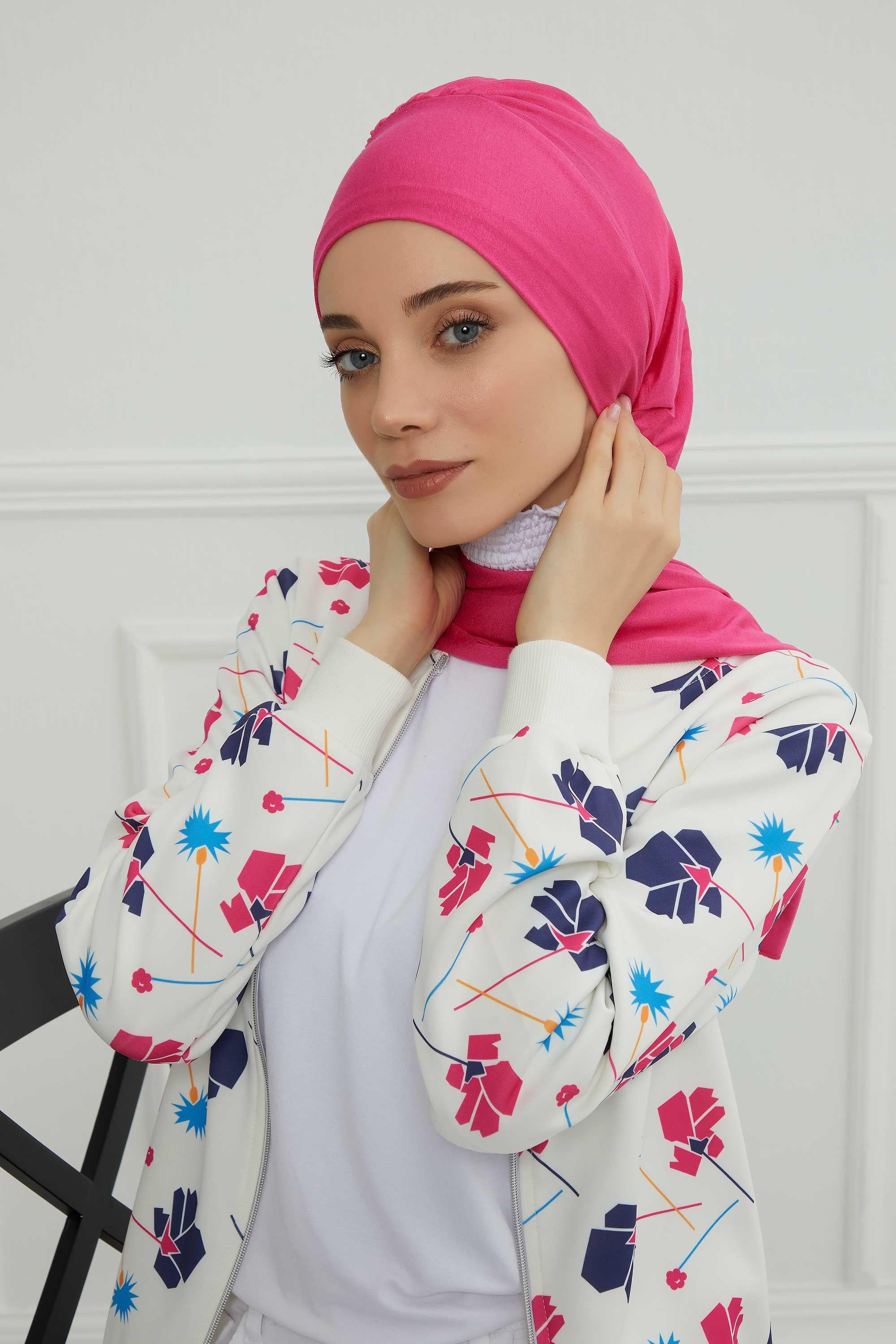 Ready to Wear Cotton Hijab Turban, Lightweight Pre-Tied Headscarf with Lycra, Easy Slip-On Modest Head Cover,HT-96 Fuchsia
