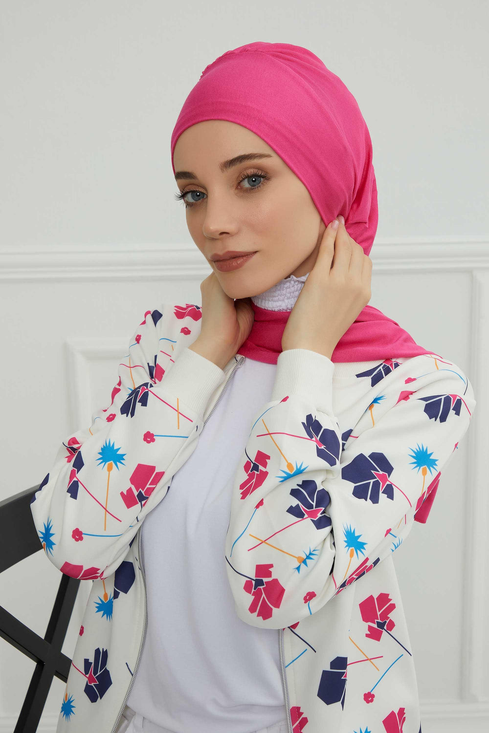 Ready to Wear Cotton Hijab Turban, Lightweight Pre-Tied Headscarf with Lycra, Easy Slip-On Modest Head Cover,HT-96 Fuchsia