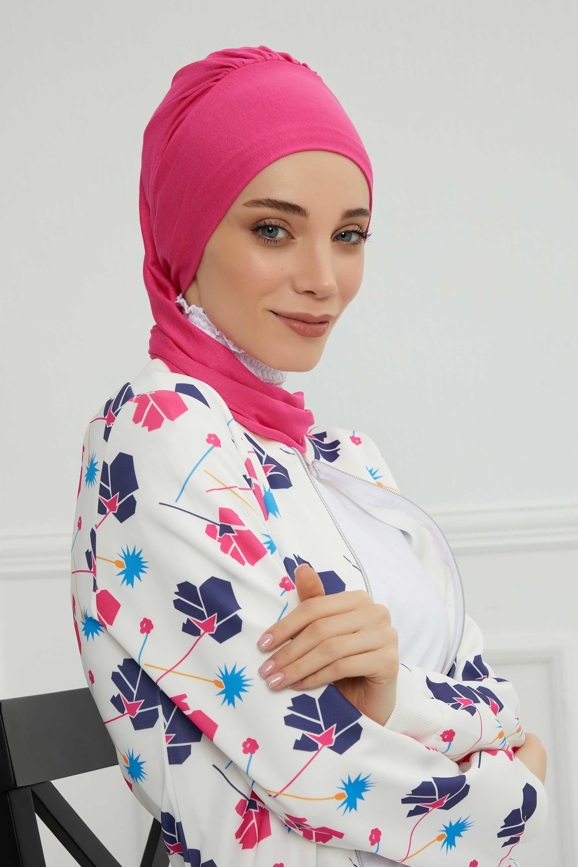 Ready to Wear Cotton Hijab Turban, Lightweight Pre-Tied Headscarf with Lycra, Easy Slip-On Modest Head Cover,HT-96 Fuchsia