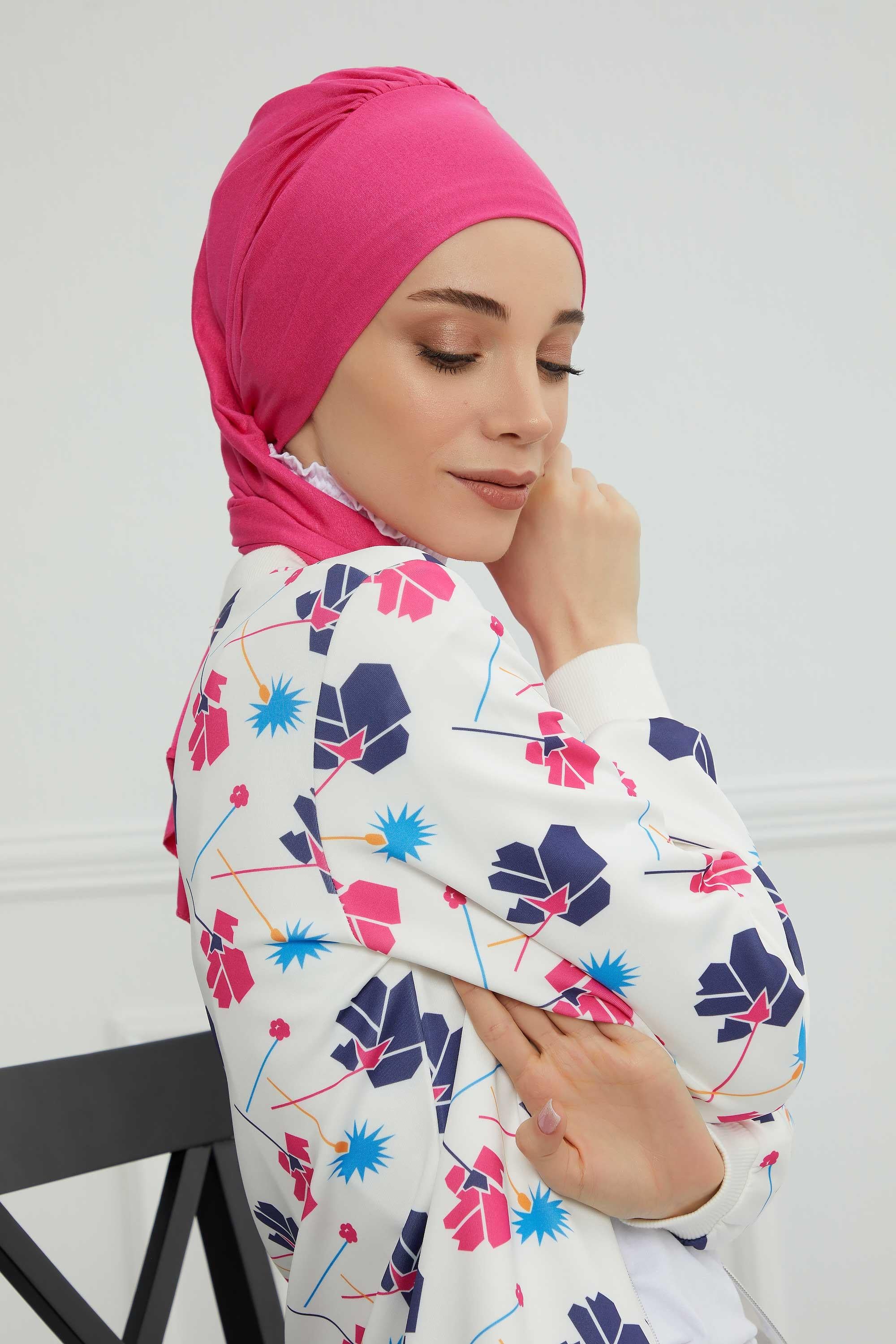 Ready to Wear Cotton Hijab Turban, Lightweight Pre-Tied Headscarf with Lycra, Easy Slip-On Modest Head Cover,HT-96 Fuchsia