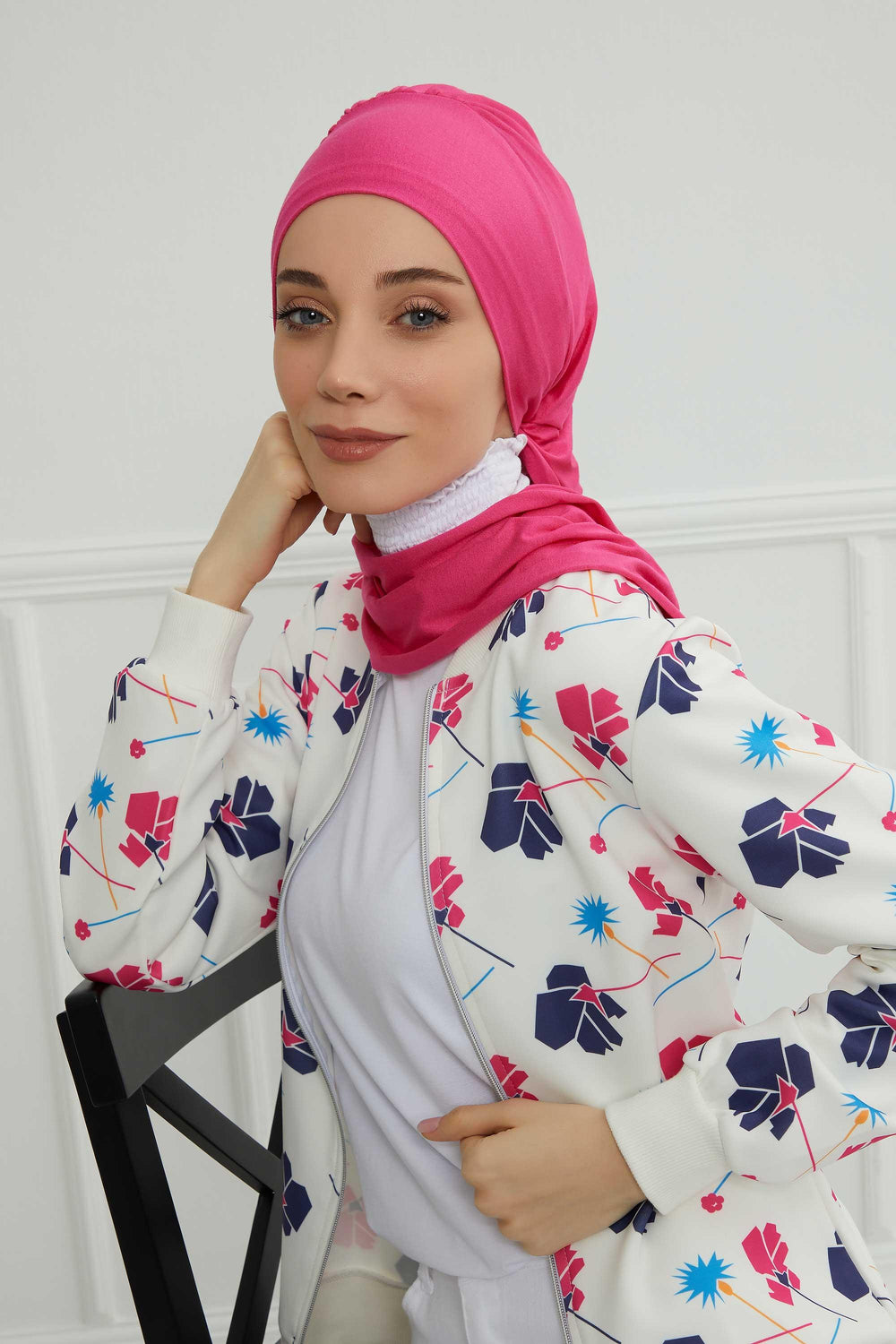 Ready to Wear Cotton Hijab Turban, Lightweight Pre-Tied Headscarf with Lycra, Easy Slip-On Modest Head Cover,HT-96 Fuchsia