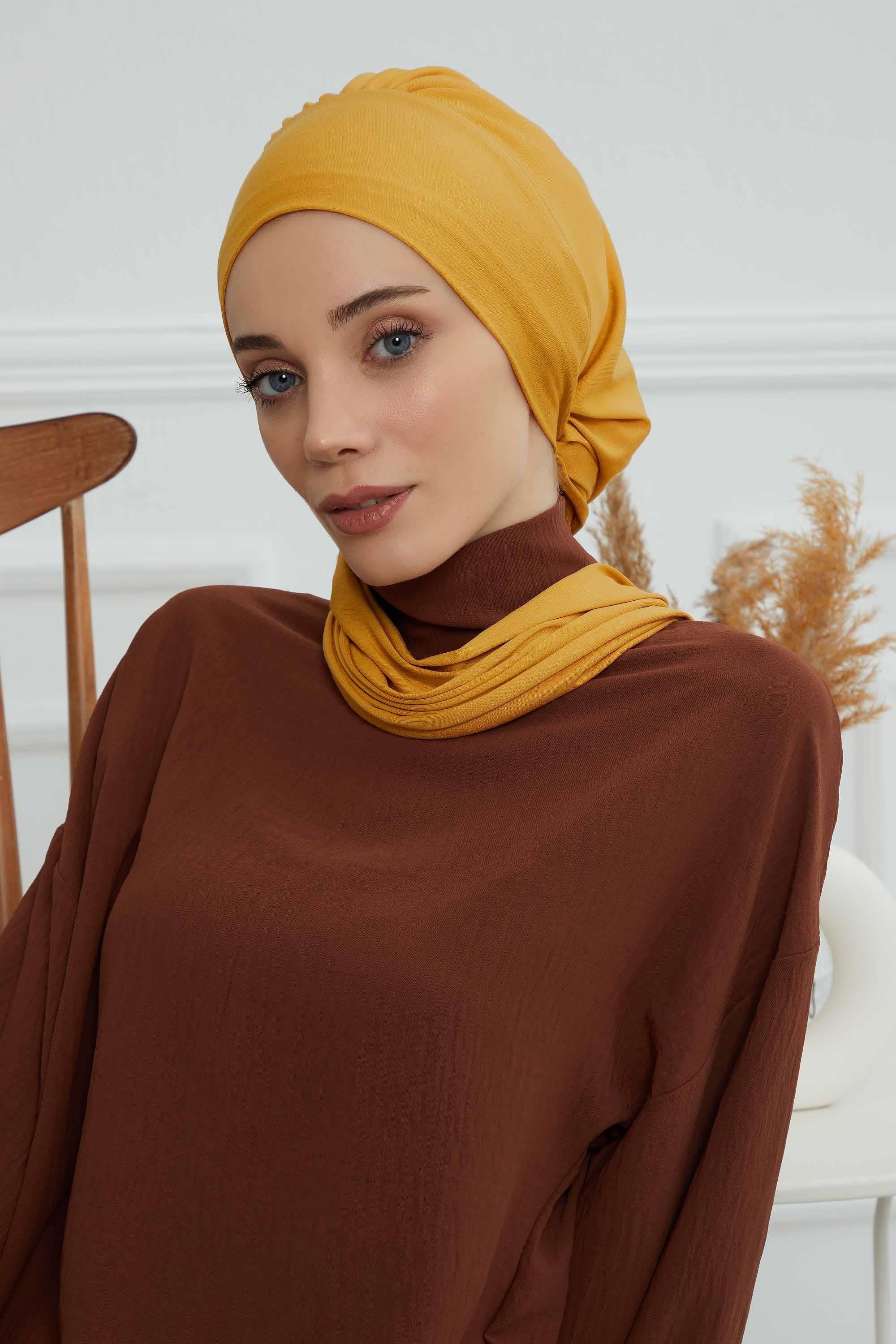 Ready to Wear Cotton Hijab Turban, Lightweight Pre-Tied Headscarf with Lycra, Easy Slip-On Modest Head Cover,HT-96 Mustard Yellow