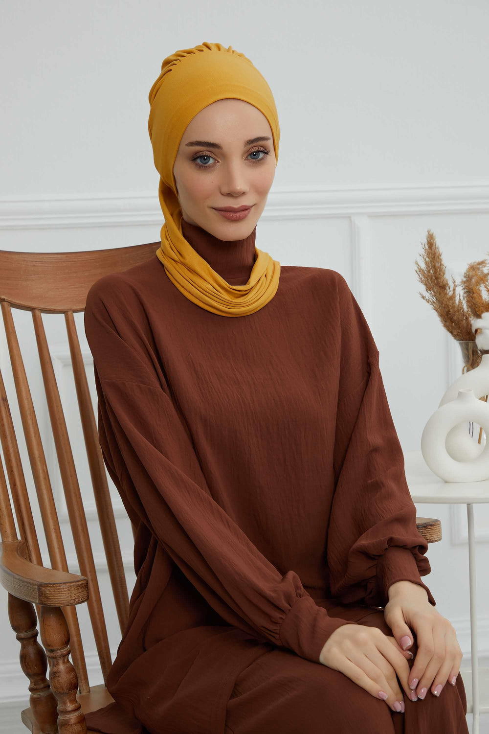 Ready to Wear Cotton Hijab Turban, Lightweight Pre-Tied Headscarf with Lycra, Easy Slip-On Modest Head Cover,HT-96 Mustard Yellow