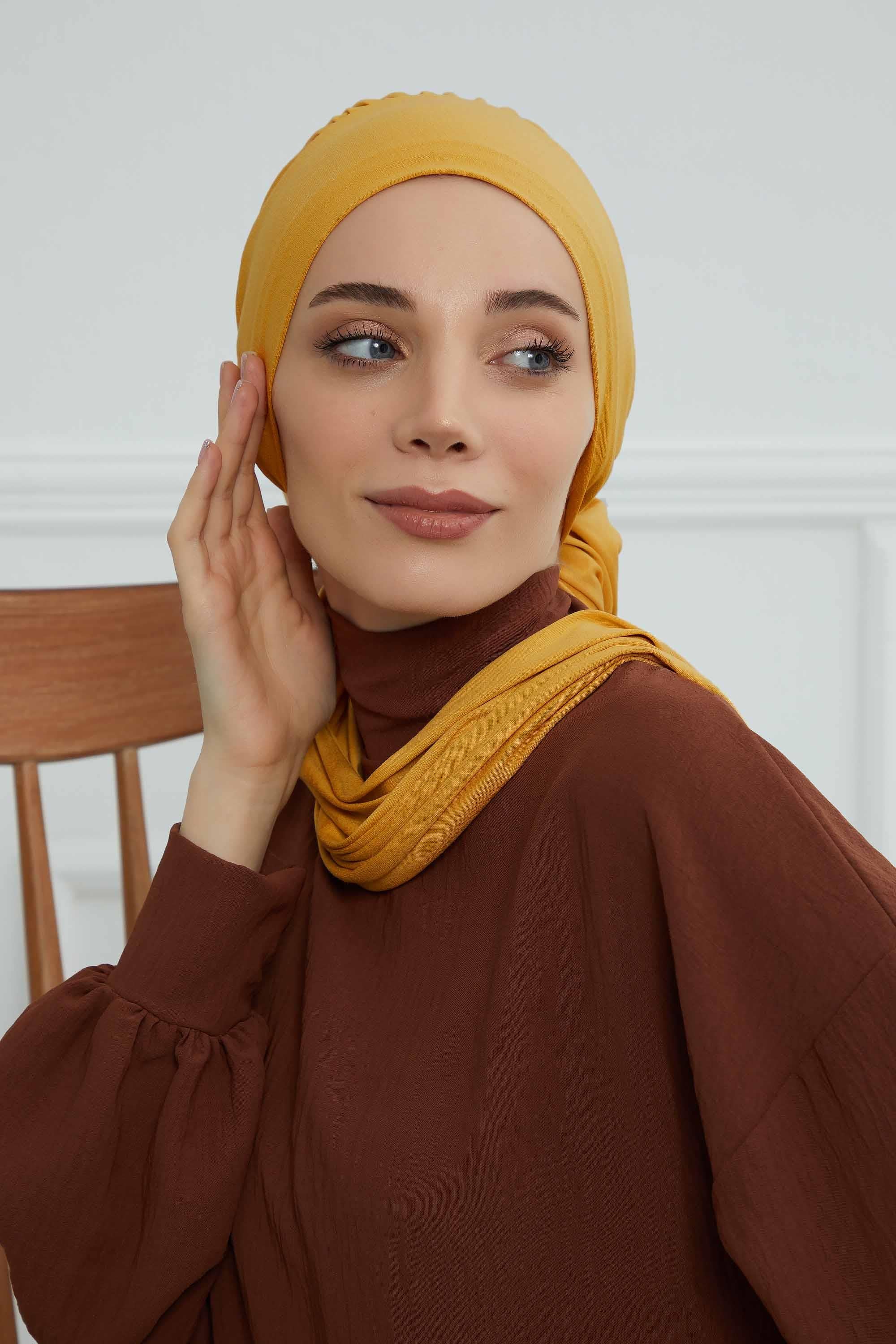 Ready to Wear Cotton Hijab Turban, Lightweight Pre-Tied Headscarf with Lycra, Easy Slip-On Modest Head Cover,HT-96 Mustard Yellow
