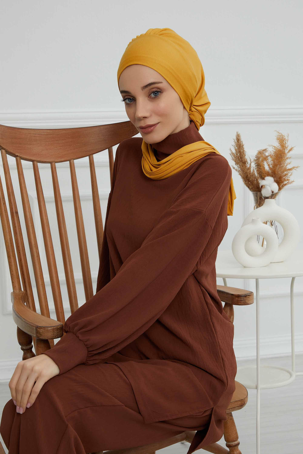 Ready to Wear Cotton Hijab Turban, Lightweight Pre-Tied Headscarf with Lycra, Easy Slip-On Modest Head Cover,HT-96 Mustard Yellow