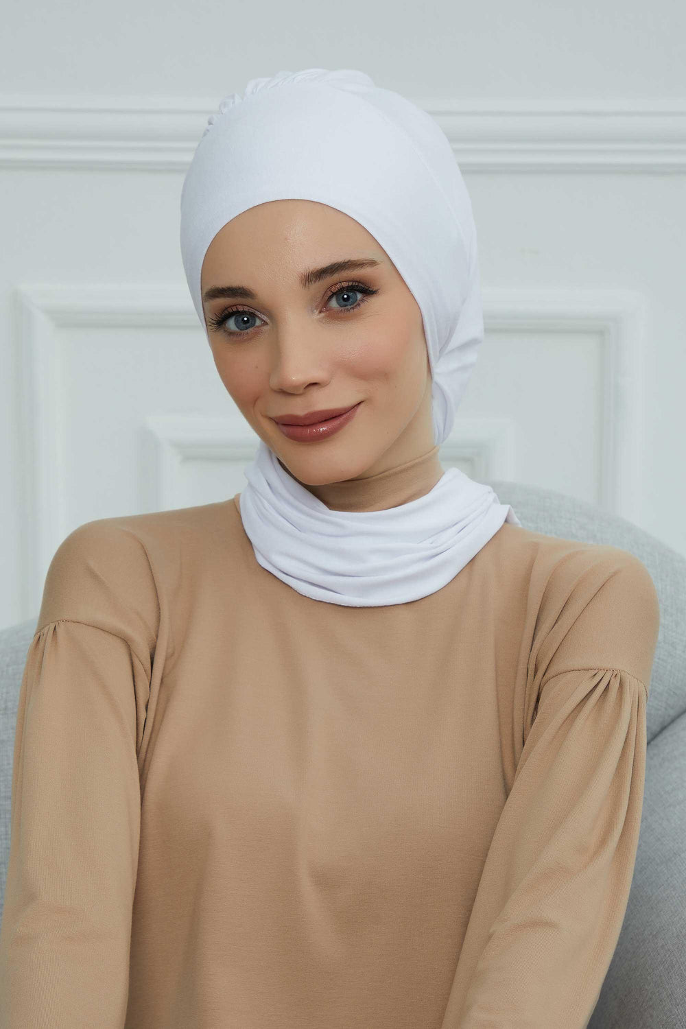 Ready to Wear Cotton Hijab Turban, Lightweight Pre-Tied Headscarf with Lycra, Easy Slip-On Modest Head Cover,HT-96 White