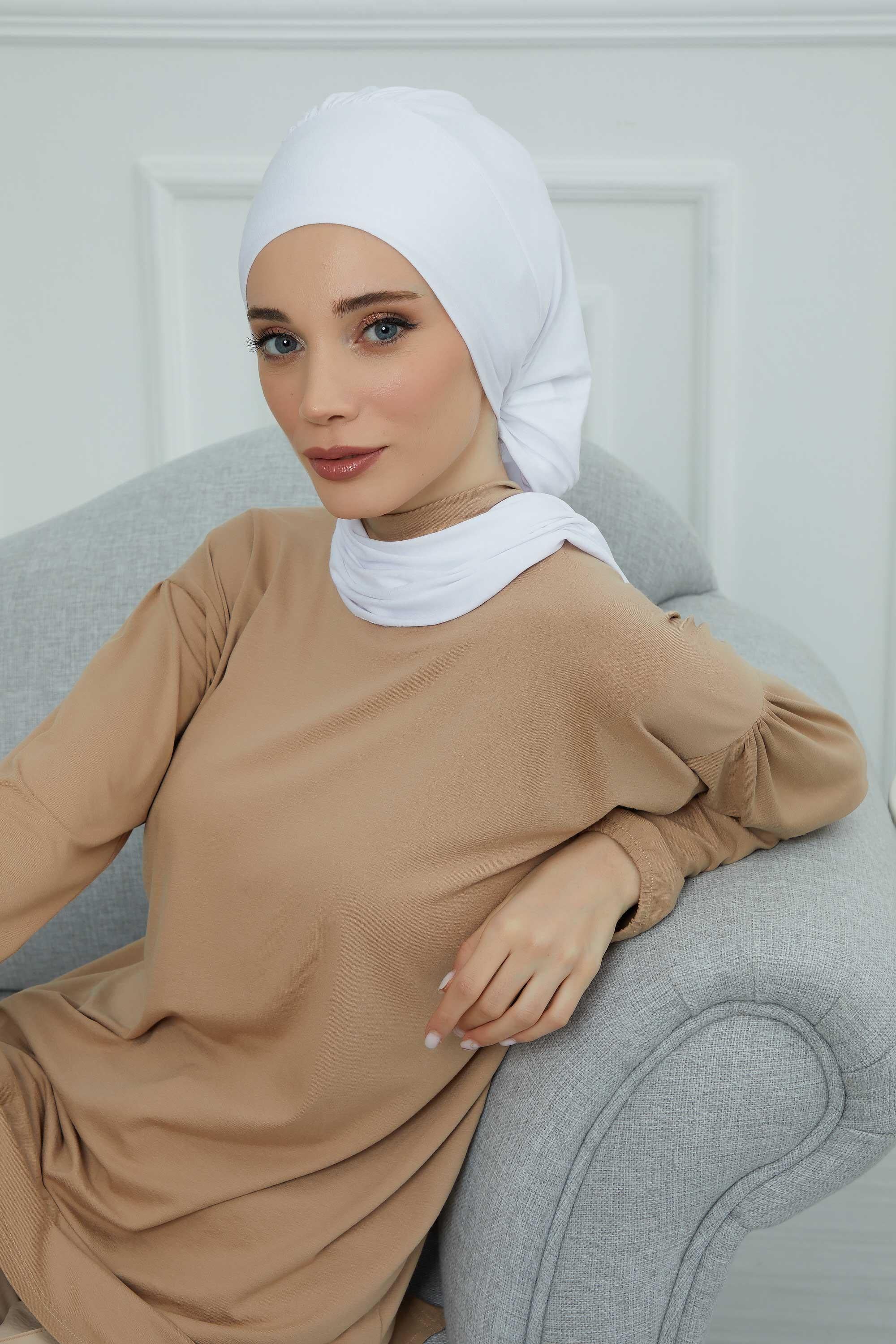 Ready to Wear Cotton Hijab Turban, Lightweight Pre-Tied Headscarf with Lycra, Easy Slip-On Modest Head Cover,HT-96 White