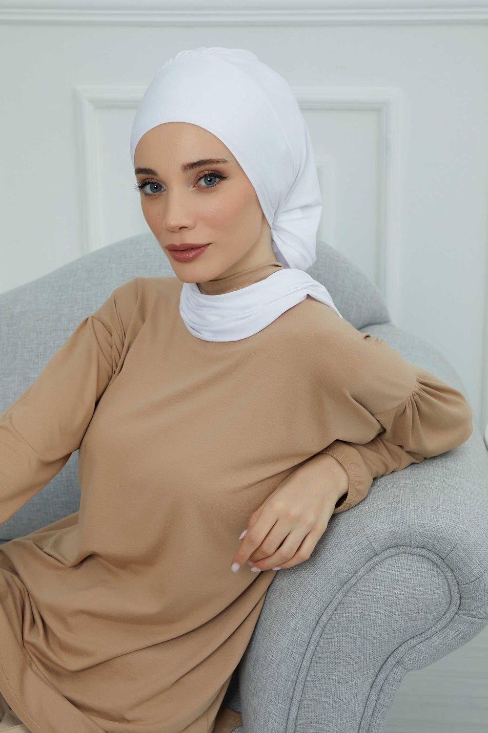 Ready to Wear Cotton Hijab Turban, Lightweight Pre-Tied Headscarf with Lycra, Easy Slip-On Modest Head Cover,HT-96 White