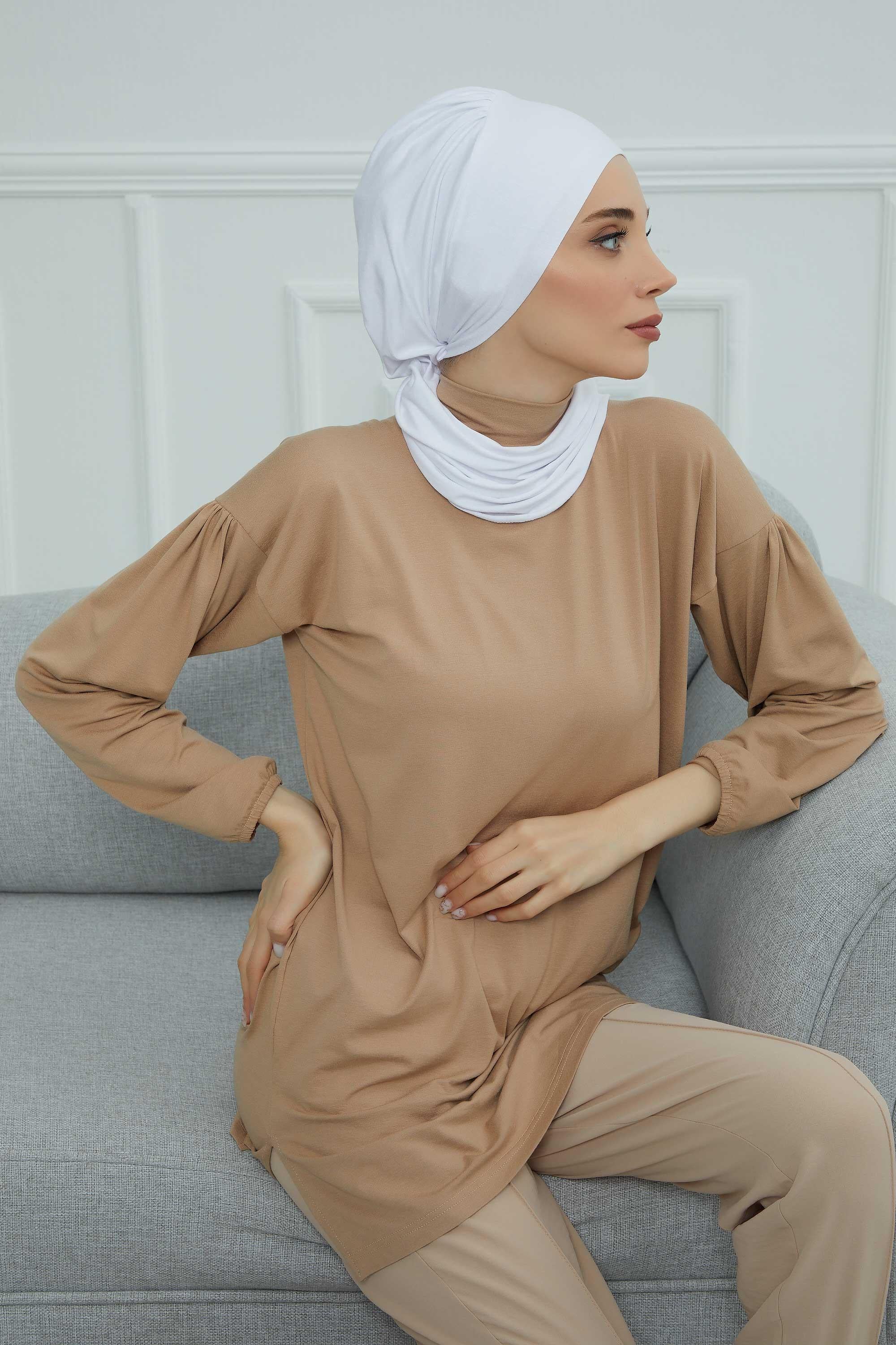 Ready to Wear Cotton Hijab Turban, Lightweight Pre-Tied Headscarf with Lycra, Easy Slip-On Modest Head Cover,HT-96 White