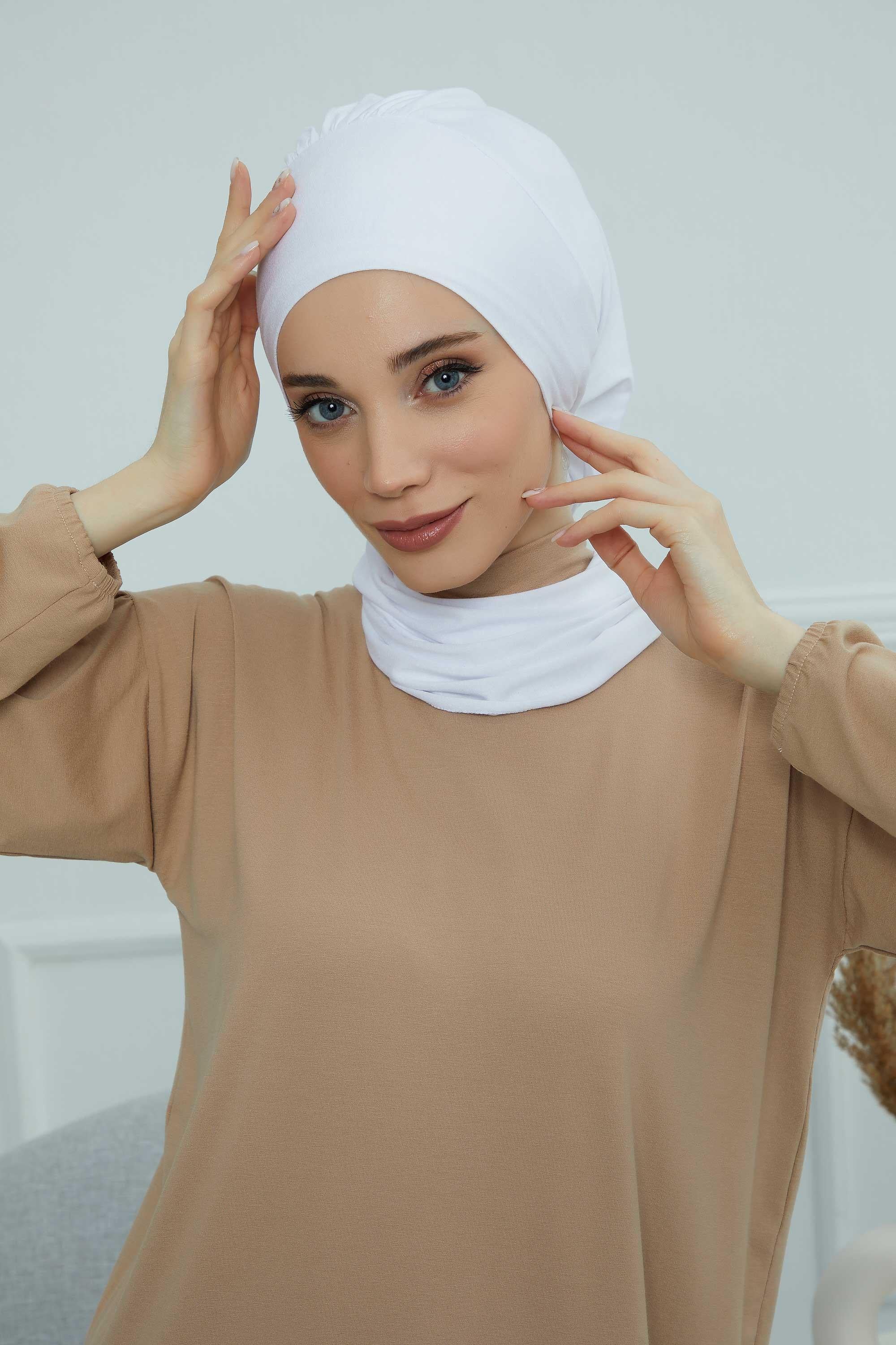 Ready to Wear Cotton Hijab Turban, Lightweight Pre-Tied Headscarf with Lycra, Easy Slip-On Modest Head Cover,HT-96 White