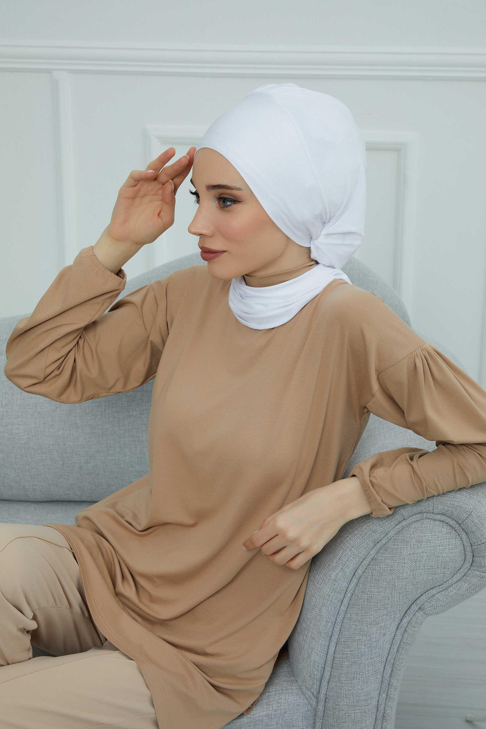 Ready to Wear Cotton Hijab Turban, Lightweight Pre-Tied Headscarf with Lycra, Easy Slip-On Modest Head Cover,HT-96 White