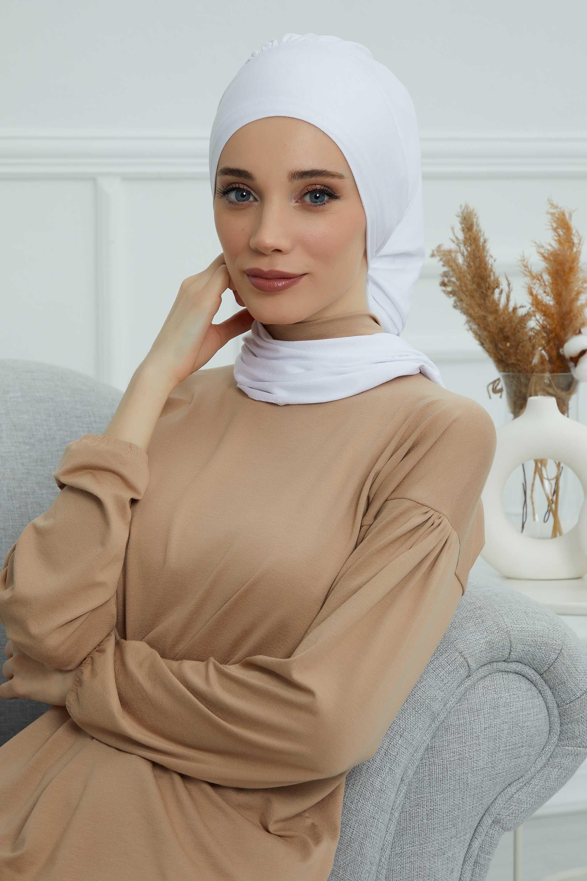 Ready to Wear Cotton Hijab Turban, Lightweight Pre-Tied Headscarf with Lycra, Easy Slip-On Modest Head Cover,HT-96 White