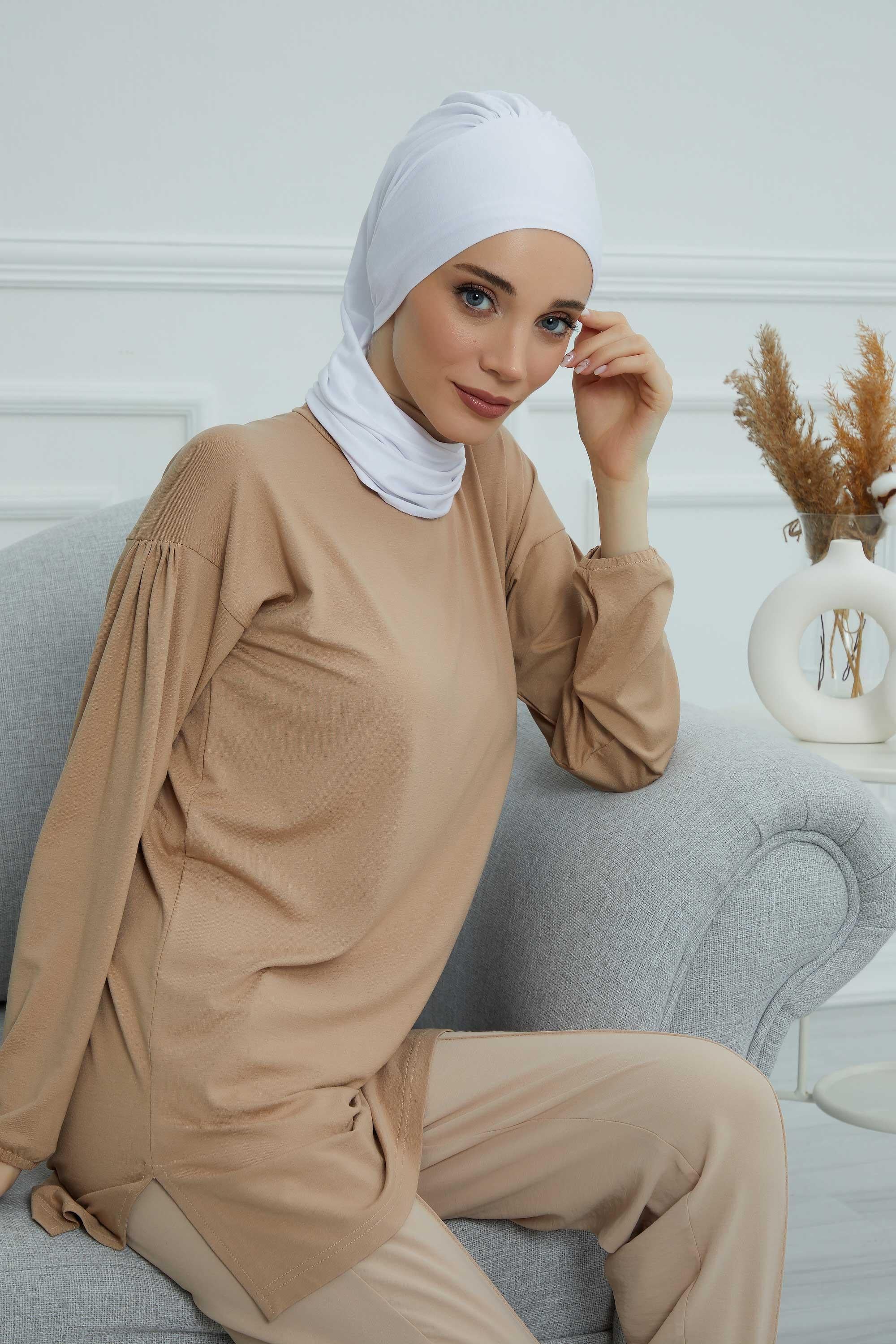 Ready to Wear Cotton Hijab Turban, Lightweight Pre-Tied Headscarf with Lycra, Easy Slip-On Modest Head Cover,HT-96 White