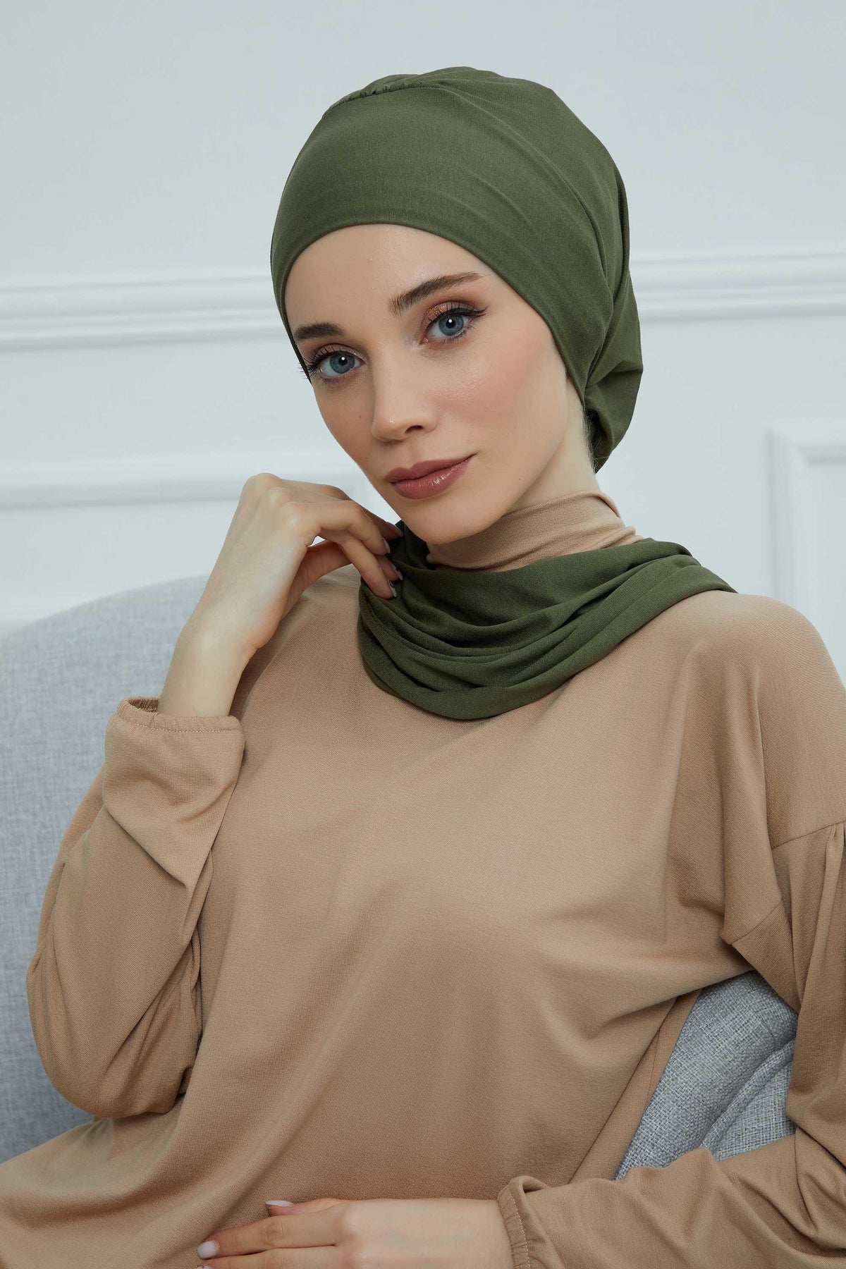 Ready to Wear Cotton Hijab Turban, Lightweight Pre-Tied Headscarf with Lycra, Easy Slip-On Modest Head Cover,HT-96 Army Green