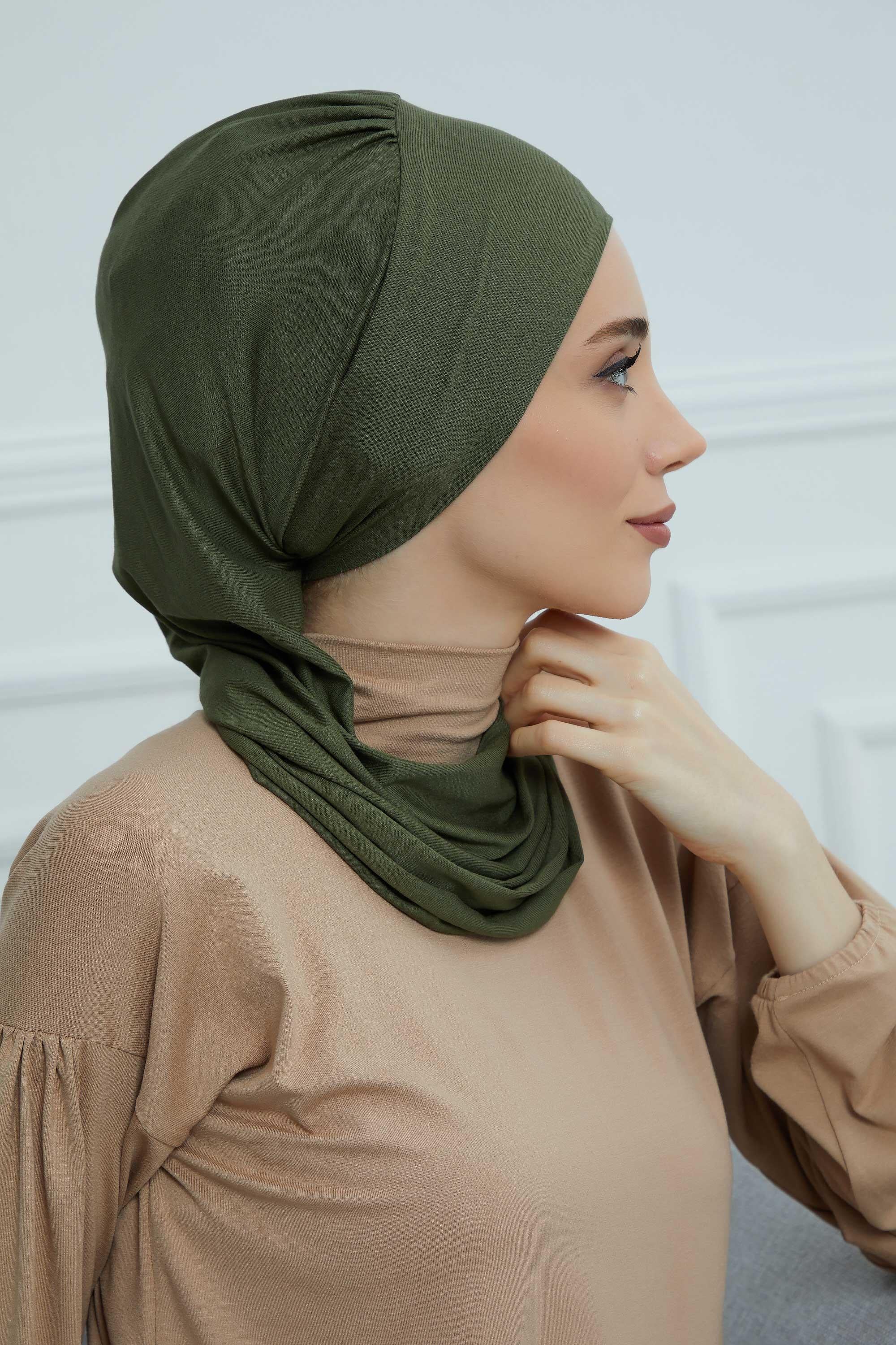 Ready to Wear Cotton Hijab Turban, Lightweight Pre-Tied Headscarf with Lycra, Easy Slip-On Modest Head Cover,HT-96 Army Green
