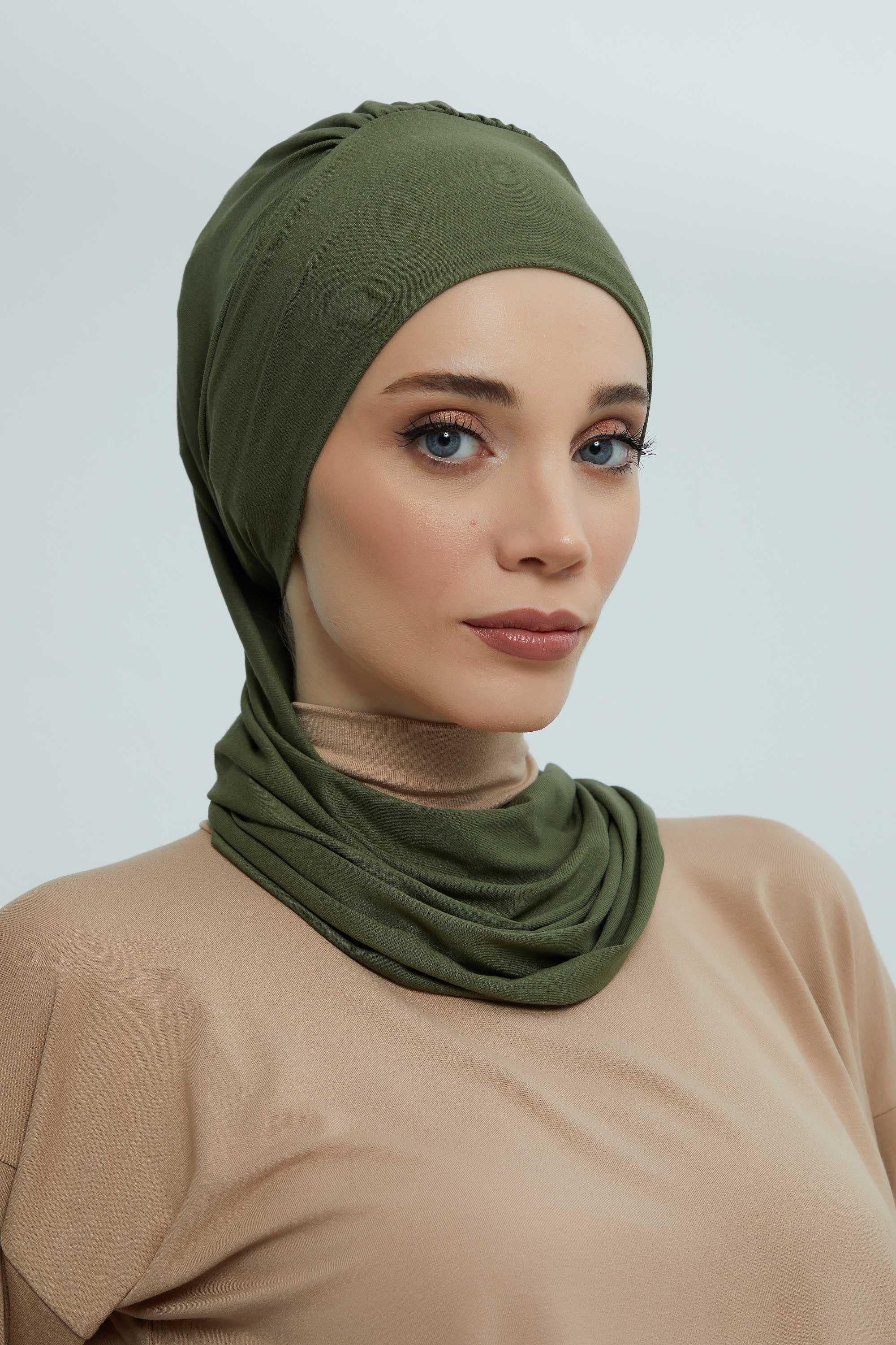 Ready to Wear Cotton Hijab Turban, Lightweight Pre-Tied Headscarf with Lycra, Easy Slip-On Modest Head Cover,HT-96 Army Green