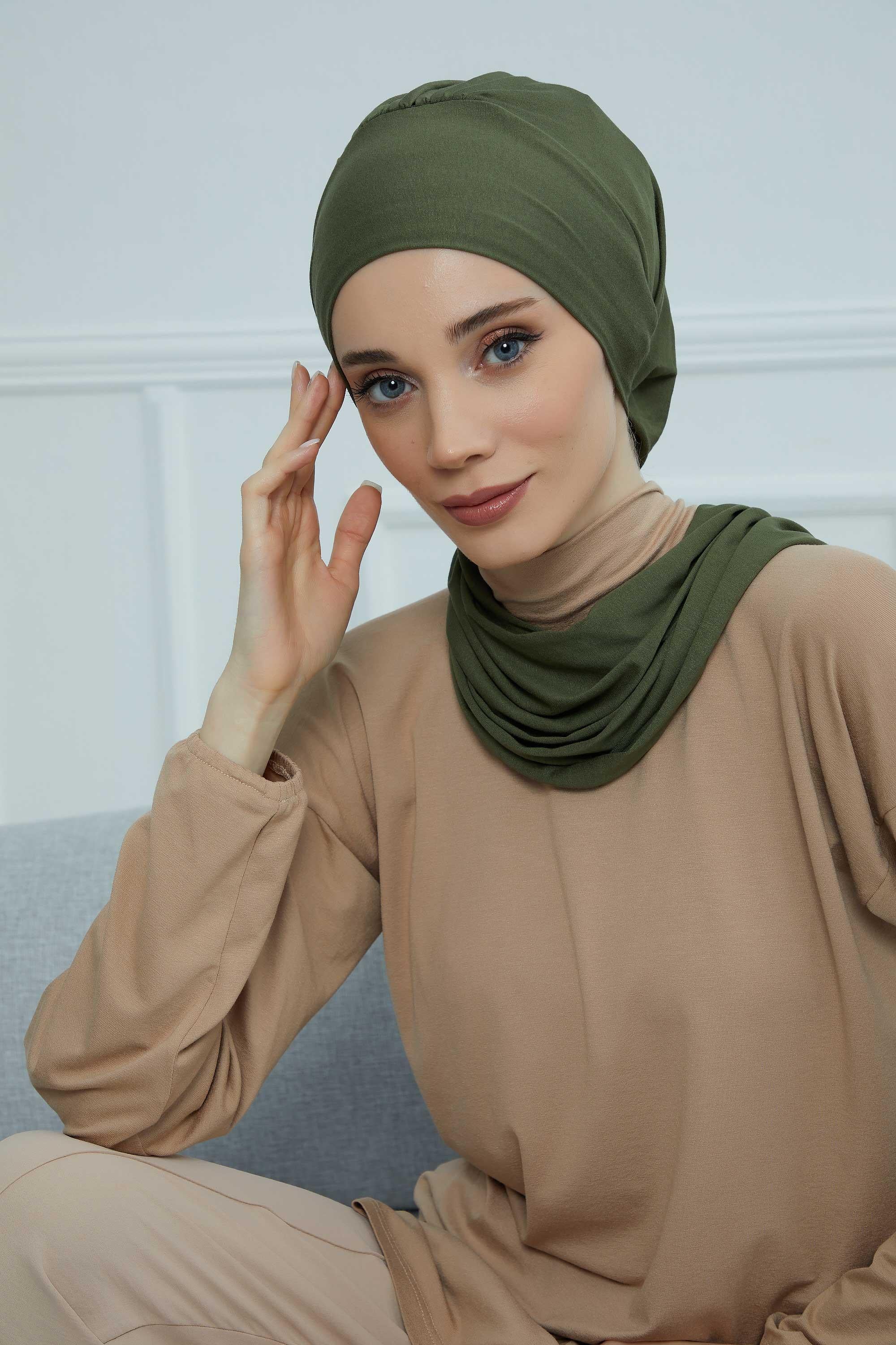 Ready to Wear Cotton Hijab Turban, Lightweight Pre-Tied Headscarf with Lycra, Easy Slip-On Modest Head Cover,HT-96 Army Green