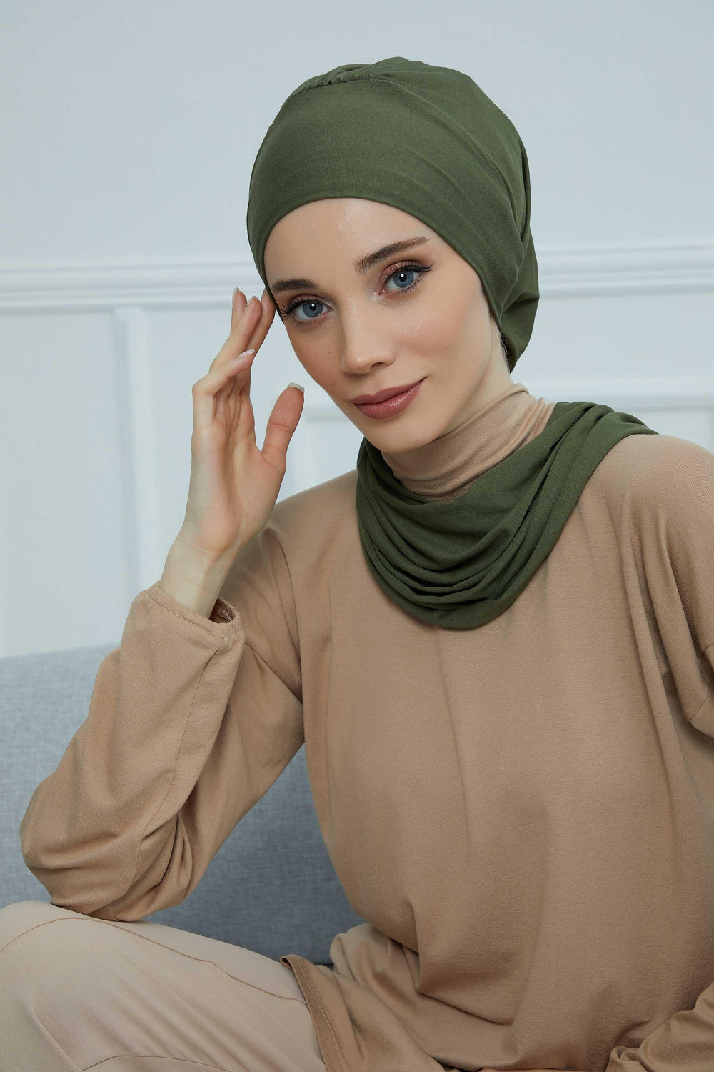 Ready to Wear Cotton Hijab Turban, Lightweight Pre-Tied Headscarf with Lycra, Easy Slip-On Modest Head Cover,HT-96 Army Green