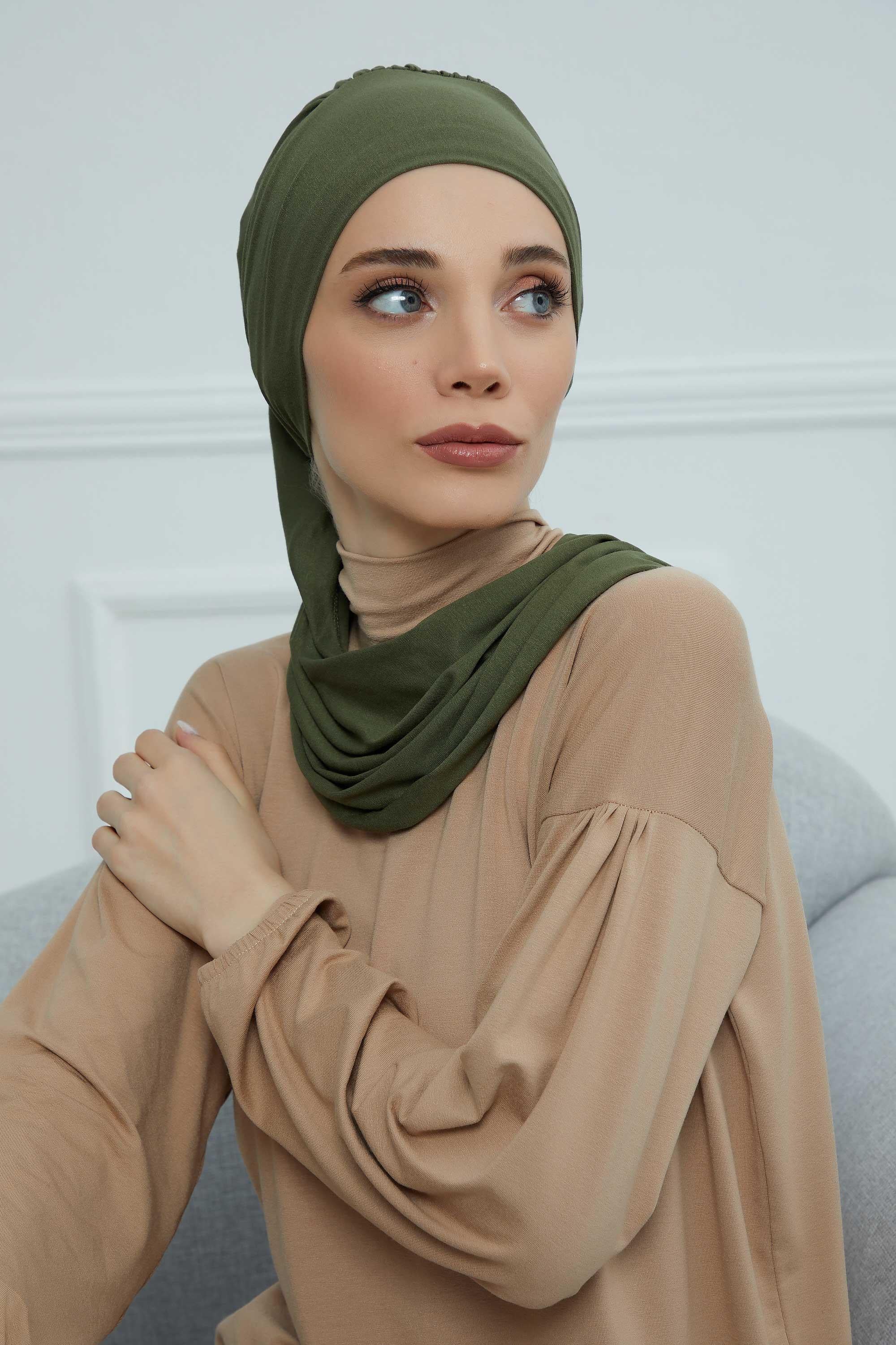 Ready to Wear Cotton Hijab Turban, Lightweight Pre-Tied Headscarf with Lycra, Easy Slip-On Modest Head Cover,HT-96 Army Green
