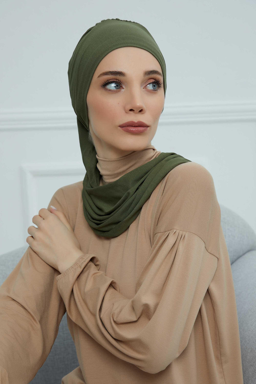 Ready to Wear Cotton Hijab Turban, Lightweight Pre-Tied Headscarf with Lycra, Easy Slip-On Modest Head Cover,HT-96 Army Green