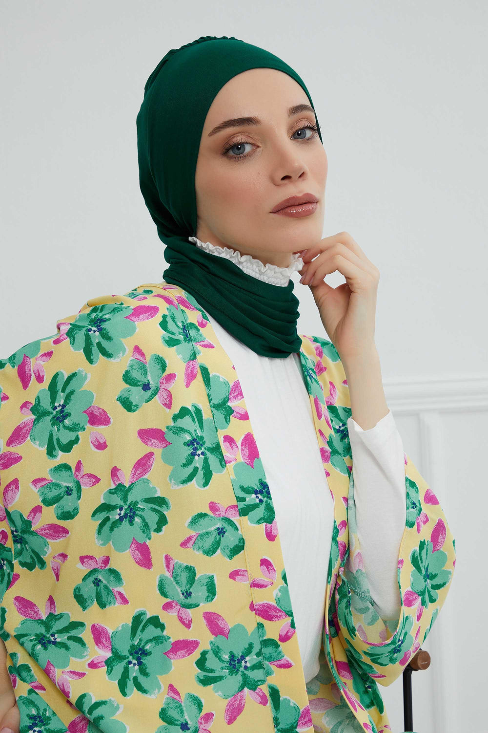 Ready to Wear Cotton Hijab Turban, Lightweight Pre-Tied Headscarf with Lycra, Easy Slip-On Modest Head Cover,HT-96 Green