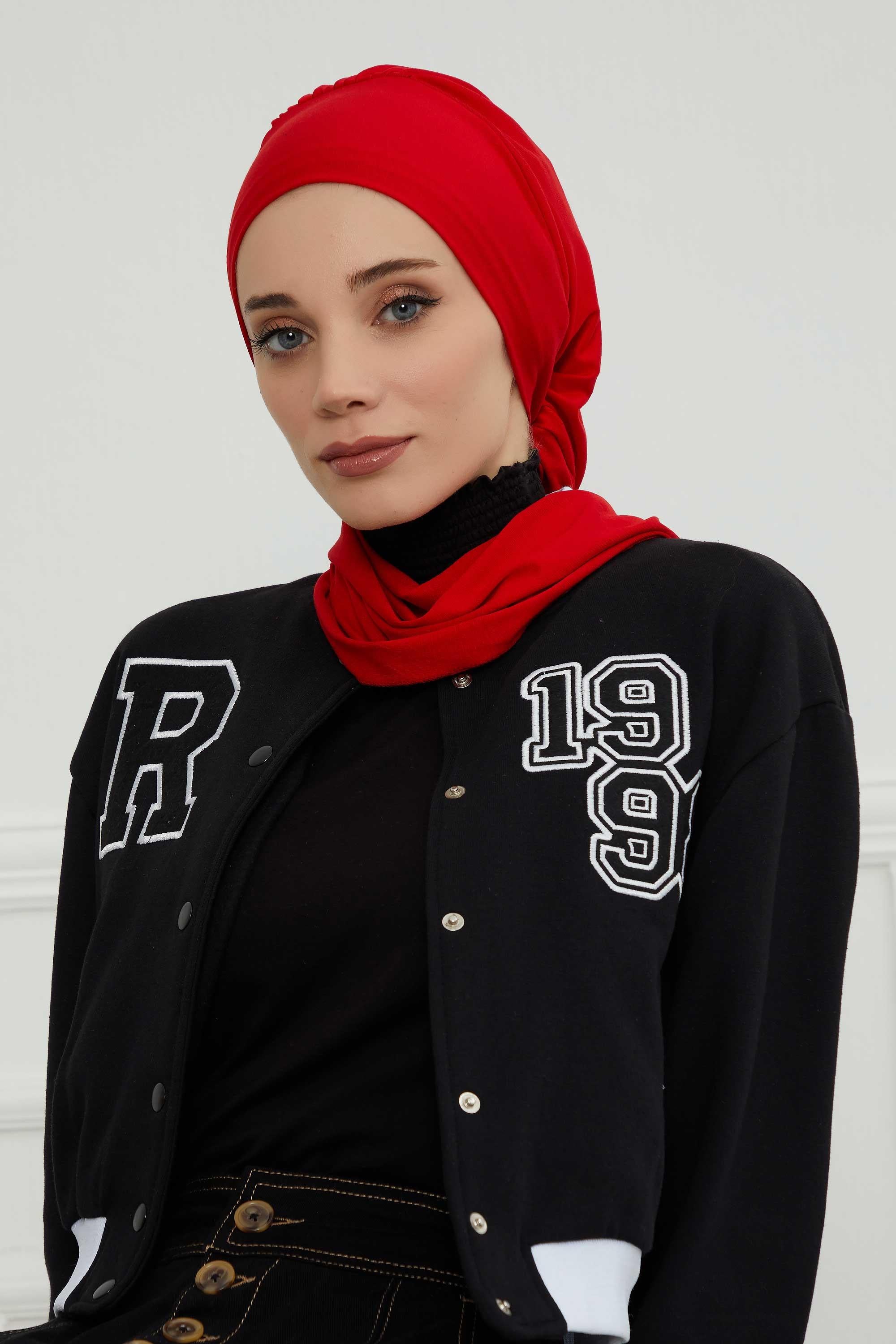 Ready to Wear Cotton Hijab Turban, Lightweight Pre-Tied Headscarf with Lycra, Easy Slip-On Modest Head Cover,HT-96 Red