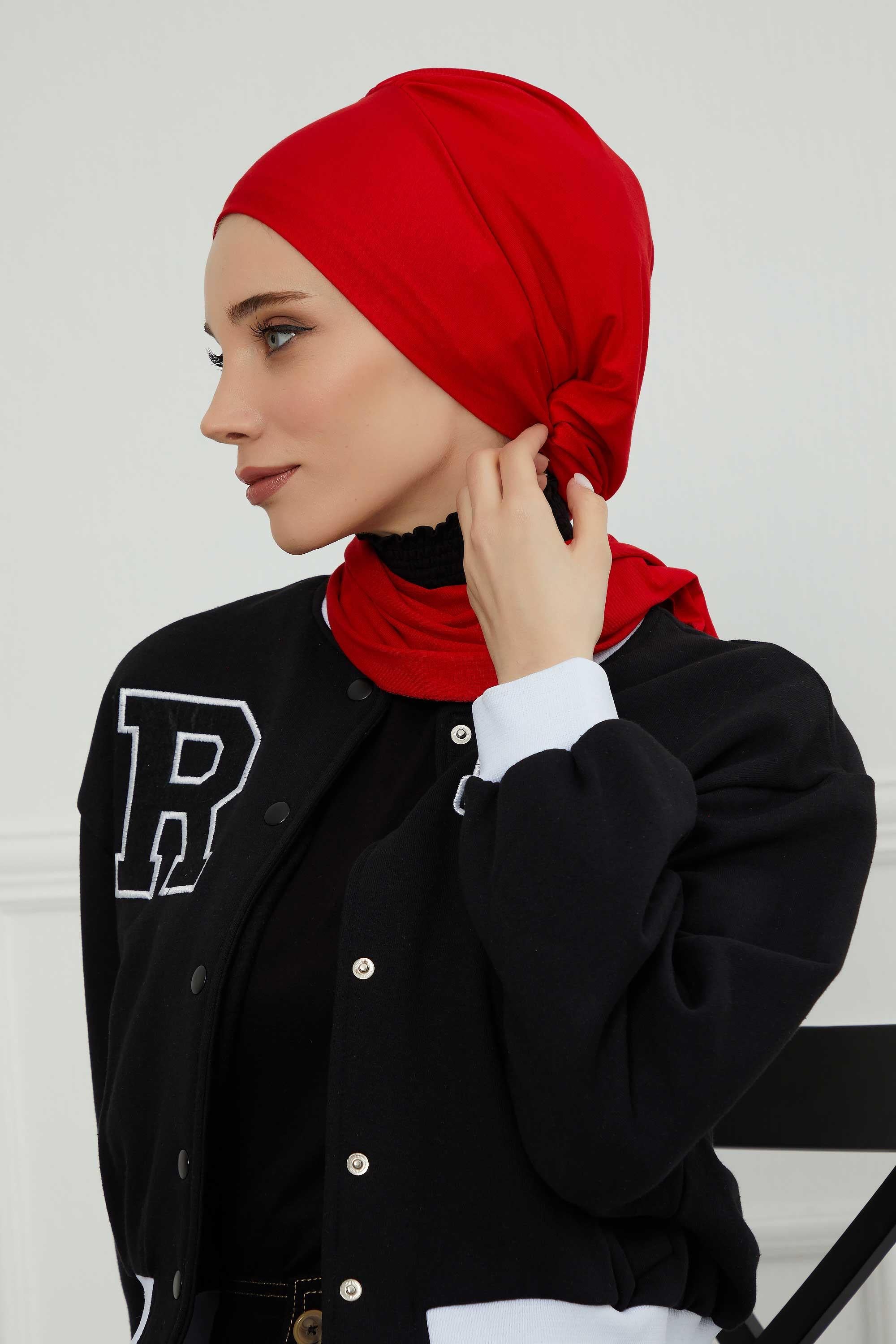 Ready to Wear Cotton Hijab Turban, Lightweight Pre-Tied Headscarf with Lycra, Easy Slip-On Modest Head Cover,HT-96 Red