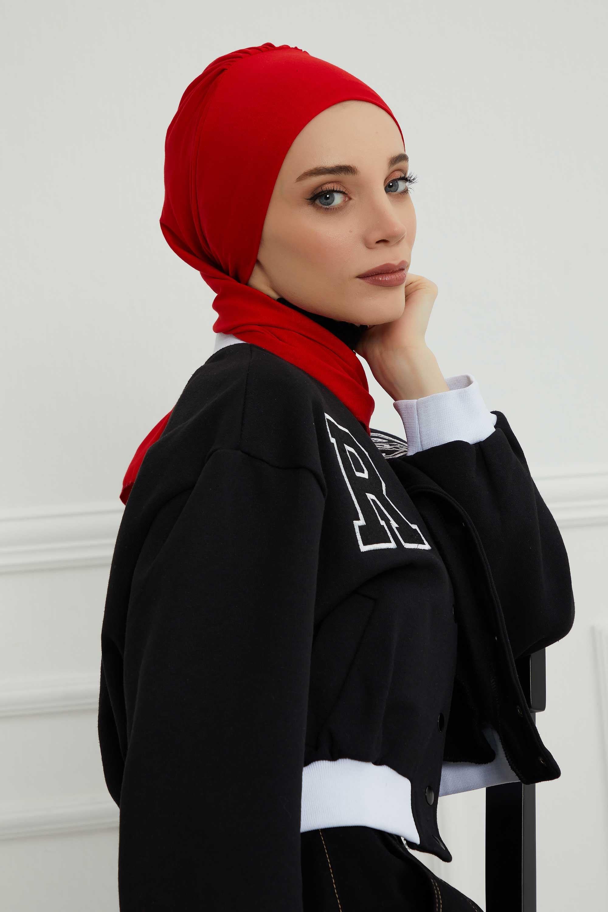 Ready to Wear Cotton Hijab Turban, Lightweight Pre-Tied Headscarf with Lycra, Easy Slip-On Modest Head Cover,HT-96 Red