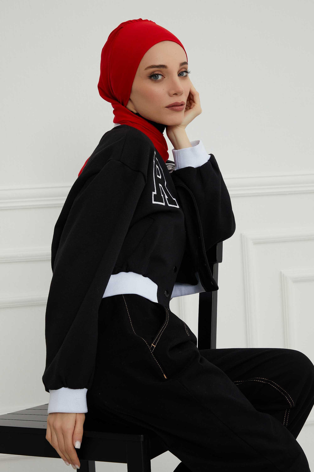 Ready to Wear Cotton Hijab Turban, Lightweight Pre-Tied Headscarf with Lycra, Easy Slip-On Modest Head Cover,HT-96 Red