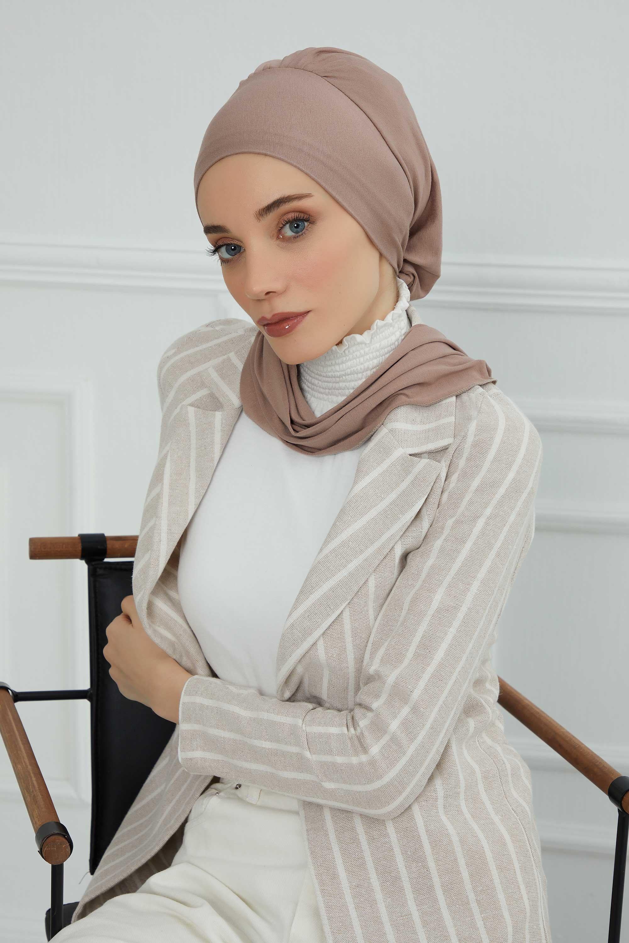 Ready to Wear Cotton Hijab Turban, Lightweight Pre-Tied Headscarf with Lycra, Easy Slip-On Modest Head Cover,HT-96 Mink