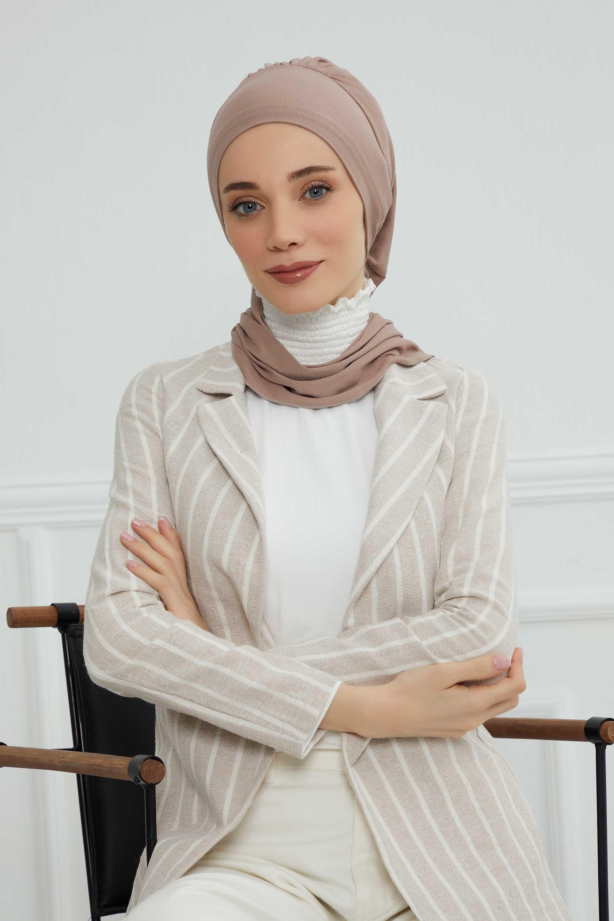Ready to Wear Cotton Hijab Turban, Lightweight Pre-Tied Headscarf with Lycra, Easy Slip-On Modest Head Cover,HT-96 Mink