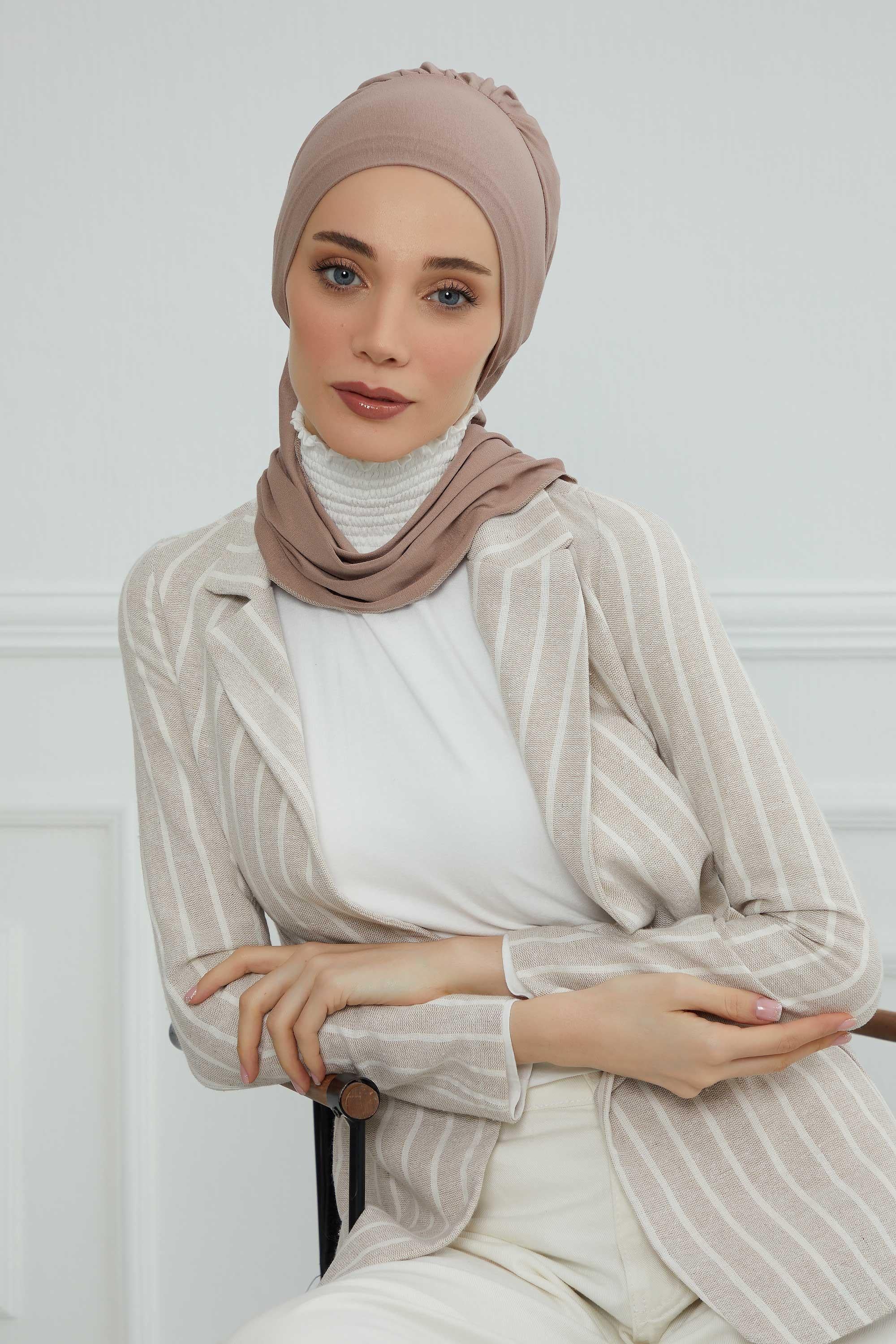 Ready to Wear Cotton Hijab Turban, Lightweight Pre-Tied Headscarf with Lycra, Easy Slip-On Modest Head Cover,HT-96 Mink