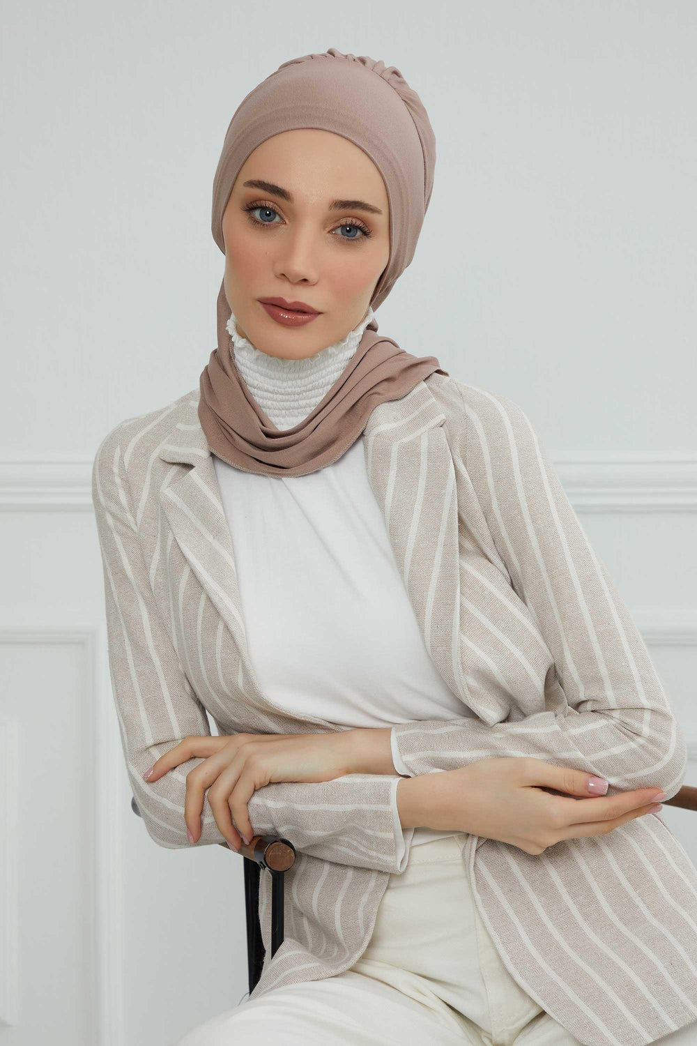 Ready to Wear Cotton Hijab Turban, Lightweight Pre-Tied Headscarf with Lycra, Easy Slip-On Modest Head Cover,HT-96 Mink