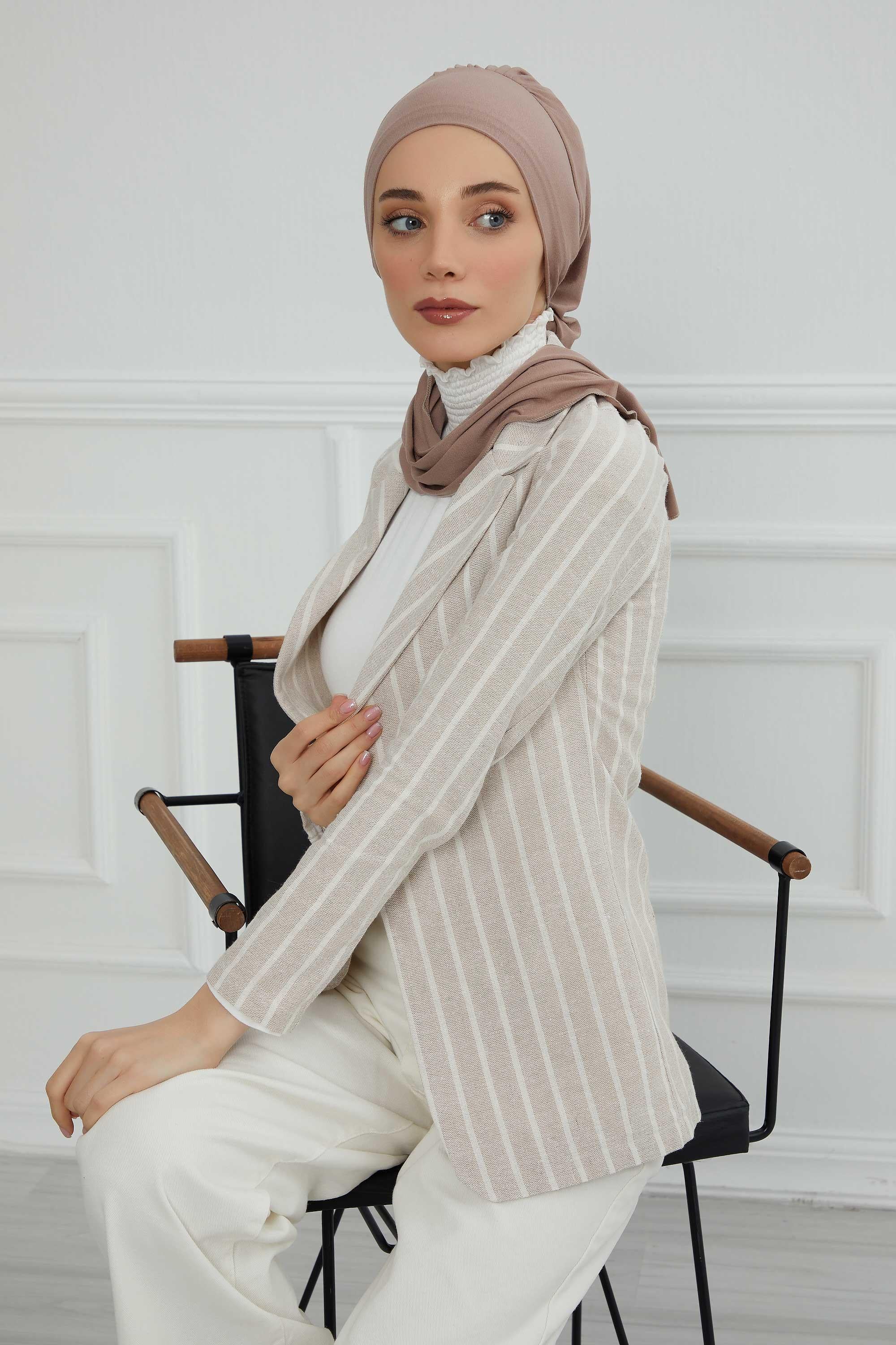 Ready to Wear Cotton Hijab Turban, Lightweight Pre-Tied Headscarf with Lycra, Easy Slip-On Modest Head Cover,HT-96 Mink