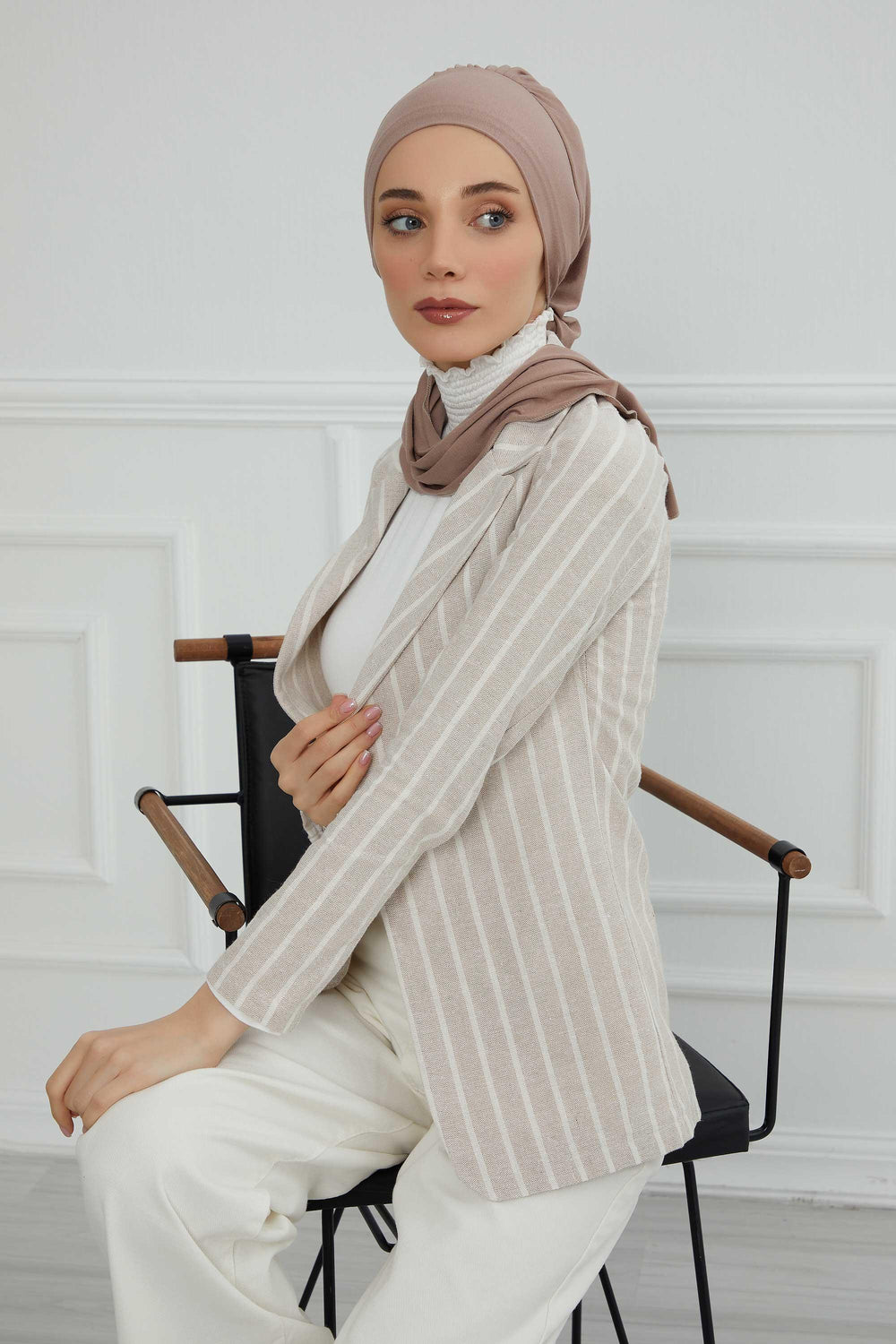Ready to Wear Cotton Hijab Turban, Lightweight Pre-Tied Headscarf with Lycra, Easy Slip-On Modest Head Cover,HT-96 Mink