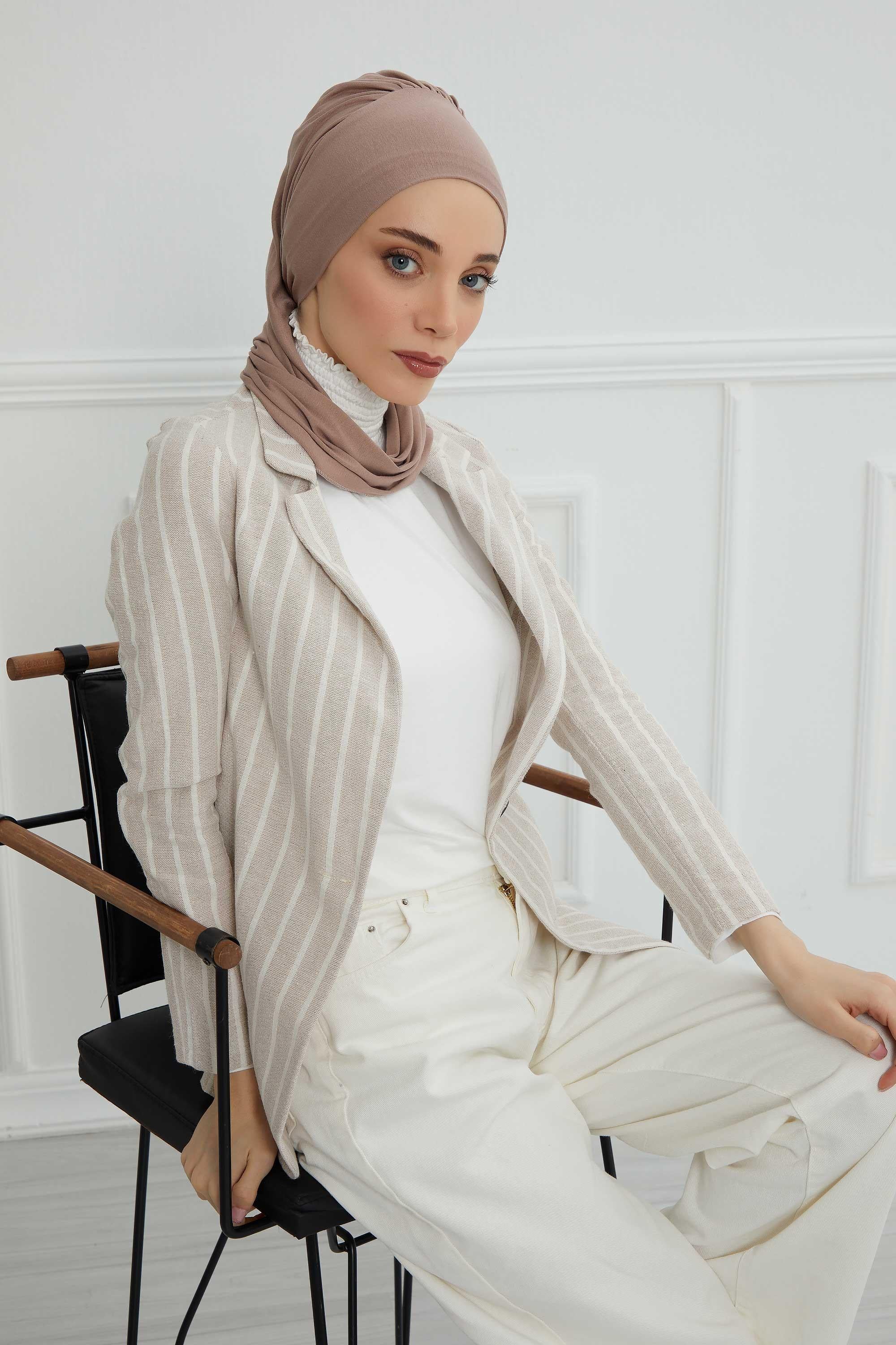 Ready to Wear Cotton Hijab Turban, Lightweight Pre-Tied Headscarf with Lycra, Easy Slip-On Modest Head Cover,HT-96 Mink