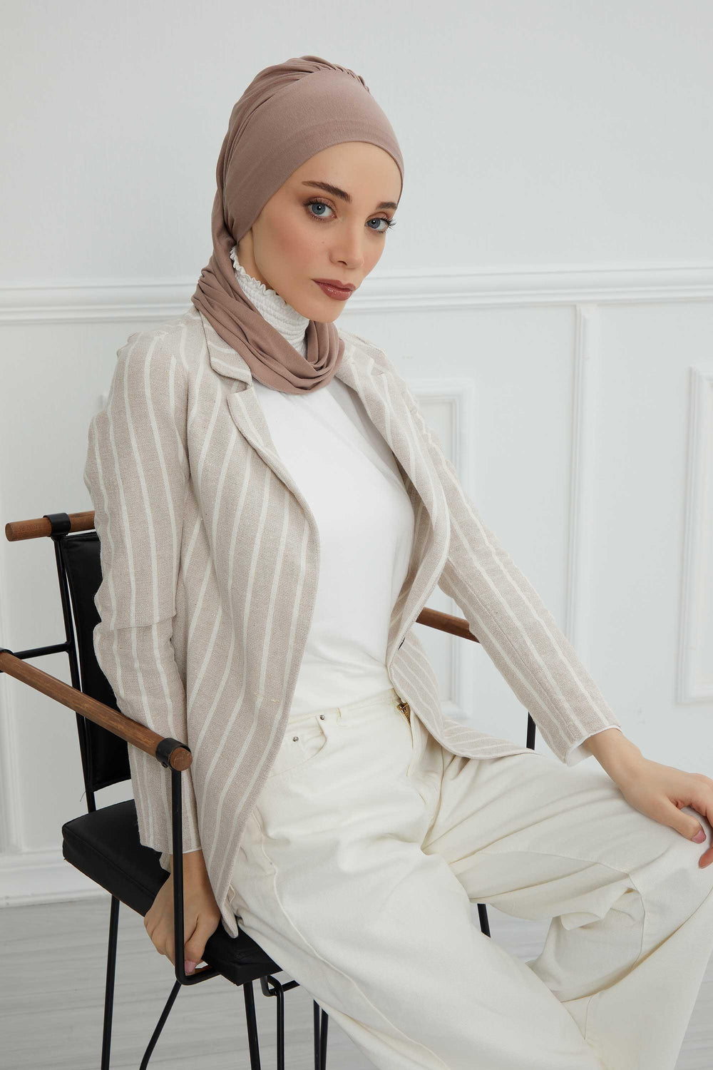 Ready to Wear Cotton Hijab Turban, Lightweight Pre-Tied Headscarf with Lycra, Easy Slip-On Modest Head Cover,HT-96 Mink