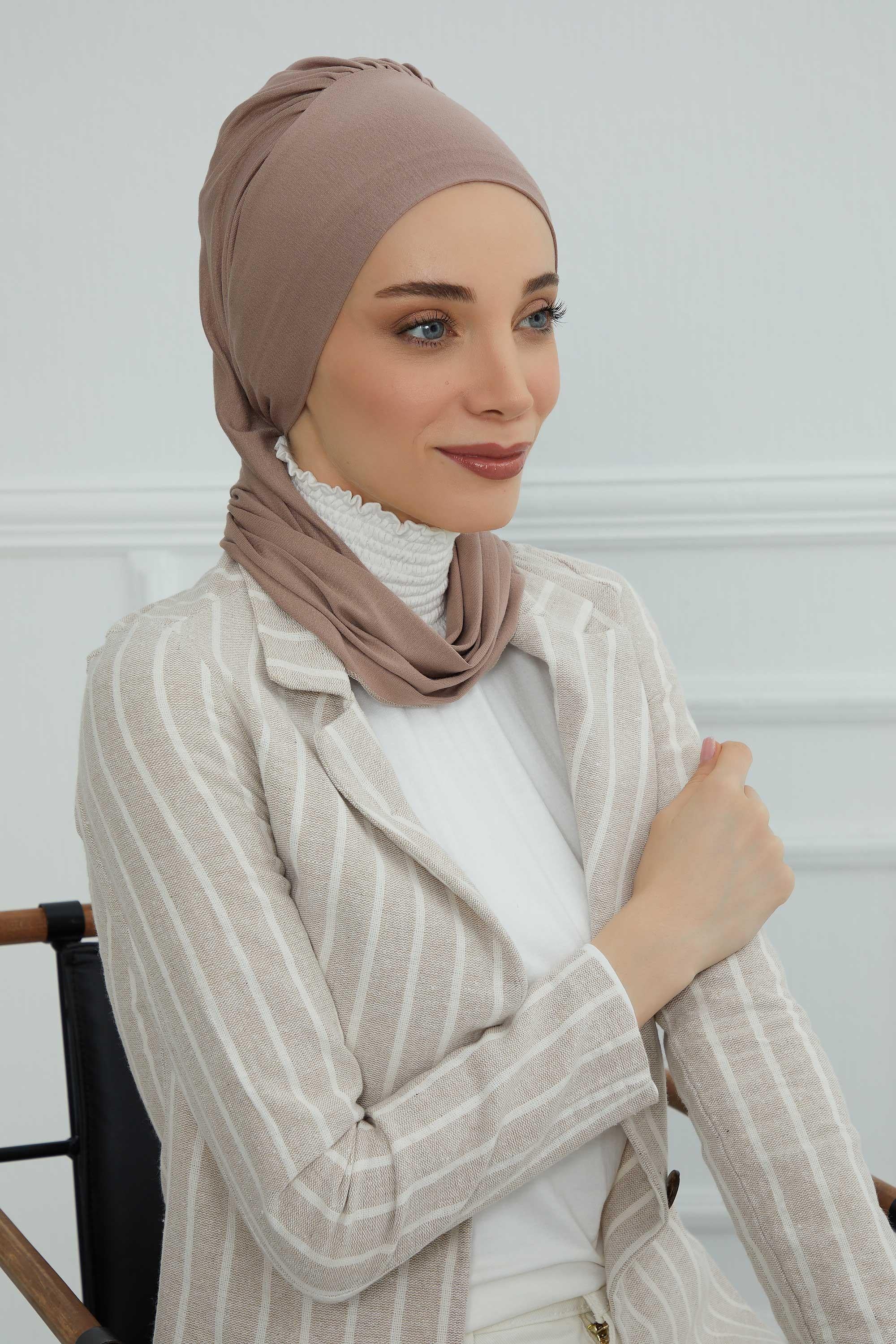Ready to Wear Cotton Hijab Turban, Lightweight Pre-Tied Headscarf with Lycra, Easy Slip-On Modest Head Cover,HT-96 Mink
