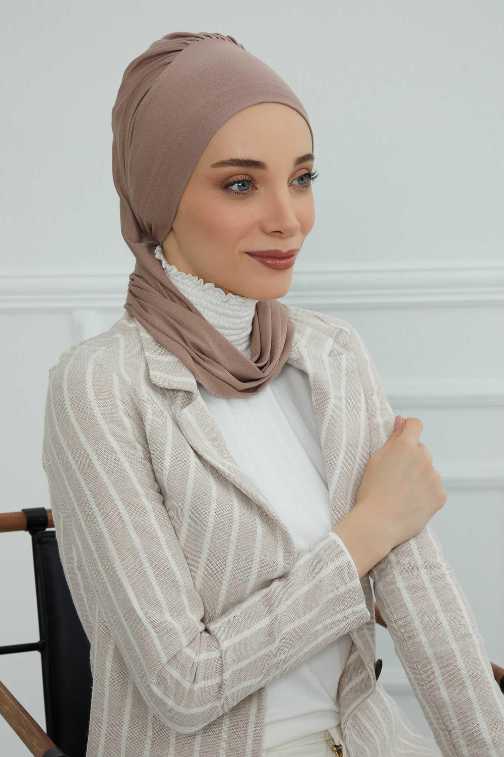 Ready to Wear Cotton Hijab Turban, Lightweight Pre-Tied Headscarf with Lycra, Easy Slip-On Modest Head Cover,HT-96 Mink