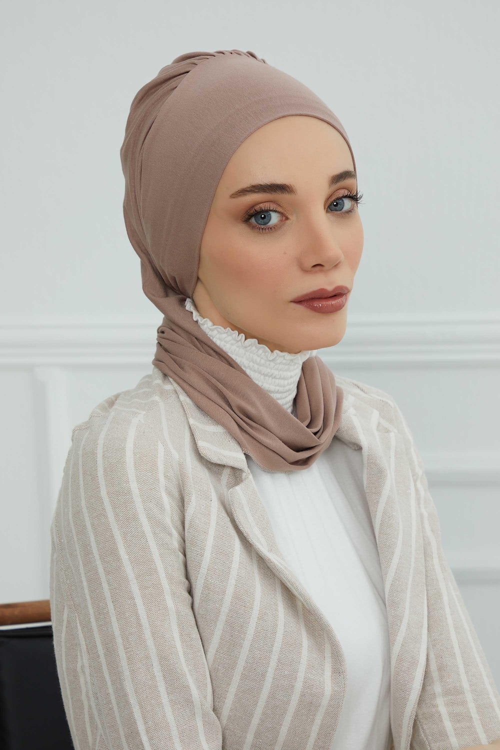 Ready to Wear Cotton Hijab Turban, Lightweight Pre-Tied Headscarf with Lycra, Easy Slip-On Modest Head Cover,HT-96 Mink