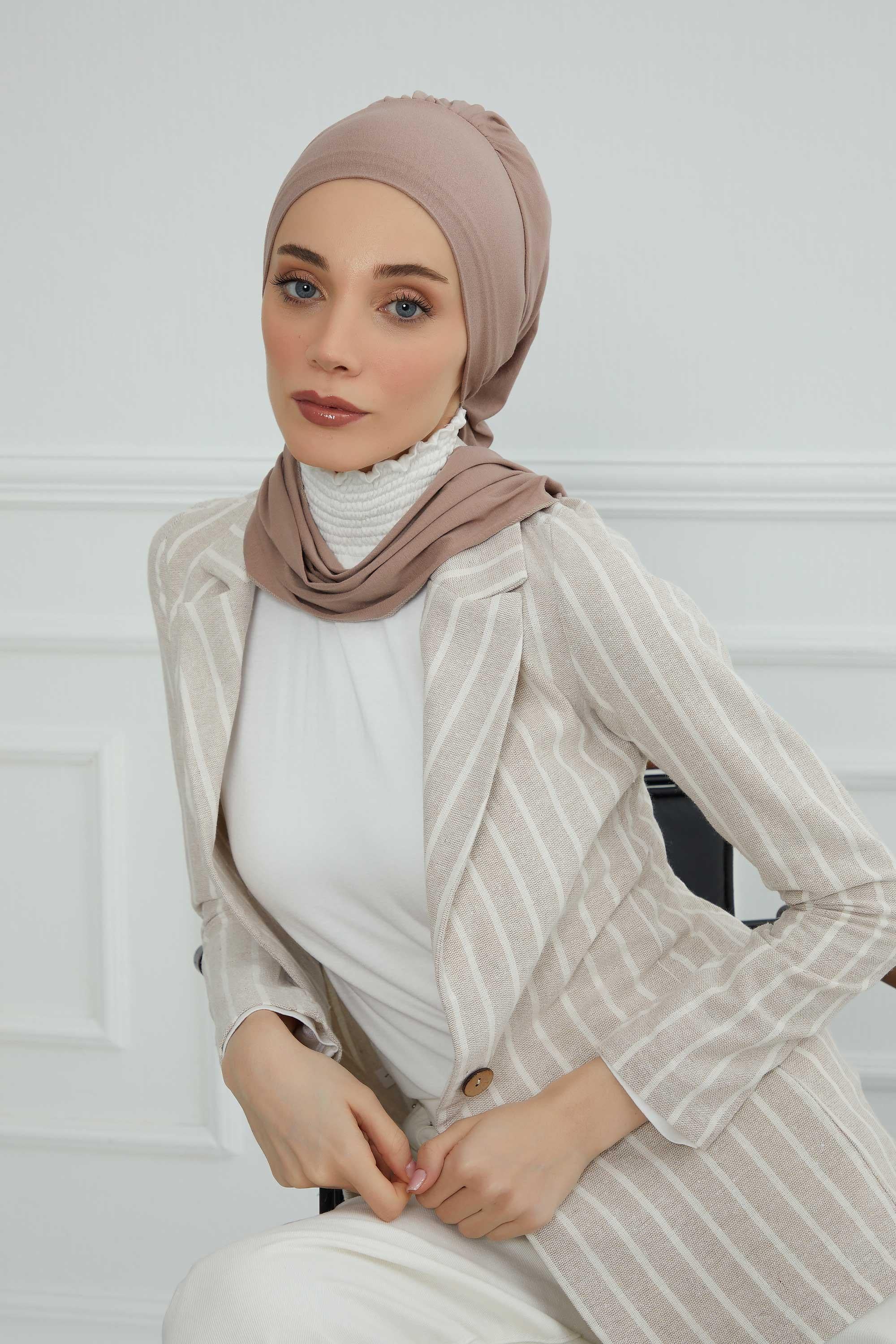 Ready to Wear Cotton Hijab Turban, Lightweight Pre-Tied Headscarf with Lycra, Easy Slip-On Modest Head Cover,HT-96 Mink
