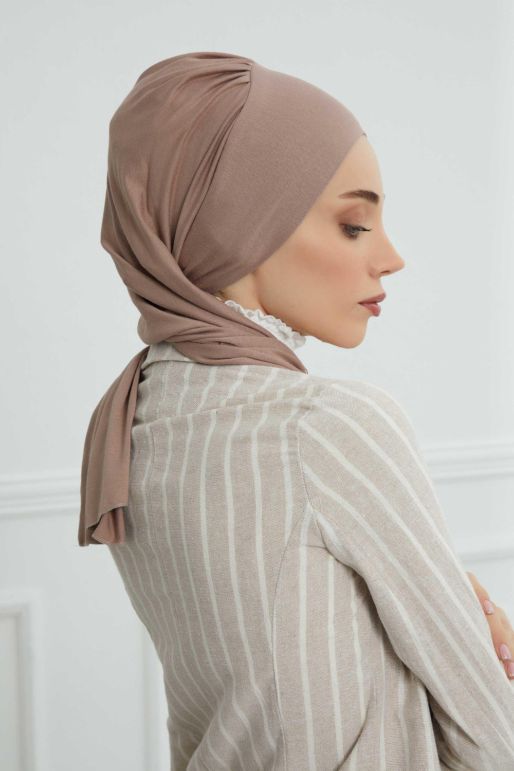 Ready to Wear Cotton Hijab Turban, Lightweight Pre-Tied Headscarf with Lycra, Easy Slip-On Modest Head Cover,HT-96 Mink