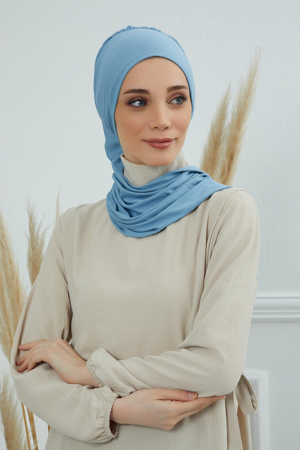 Ready to Wear Cotton Hijab Turban, Lightweight Pre-Tied Headscarf with Lycra, Easy Slip-On Modest Head Cover,HT-96 Blue