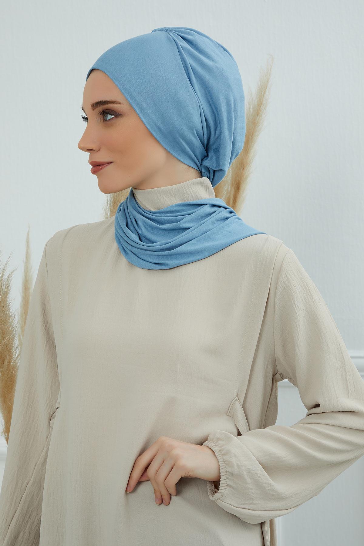Ready to Wear Cotton Hijab Turban, Lightweight Pre-Tied Headscarf with Lycra, Easy Slip-On Modest Head Cover,HT-96 Blue