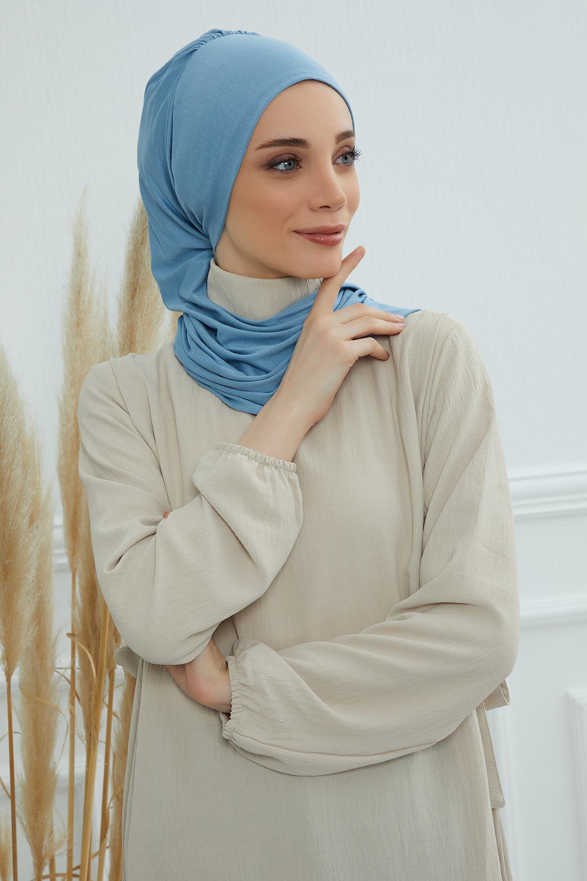 Ready to Wear Cotton Hijab Turban, Lightweight Pre-Tied Headscarf with Lycra, Easy Slip-On Modest Head Cover,HT-96 Blue