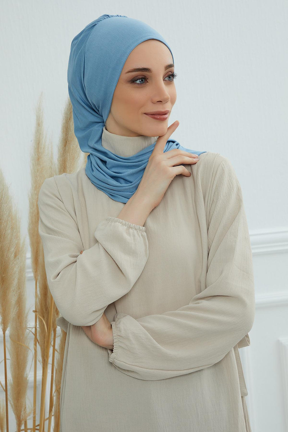 Ready to Wear Cotton Hijab Turban, Lightweight Pre-Tied Headscarf with Lycra, Easy Slip-On Modest Head Cover,HT-96 Blue