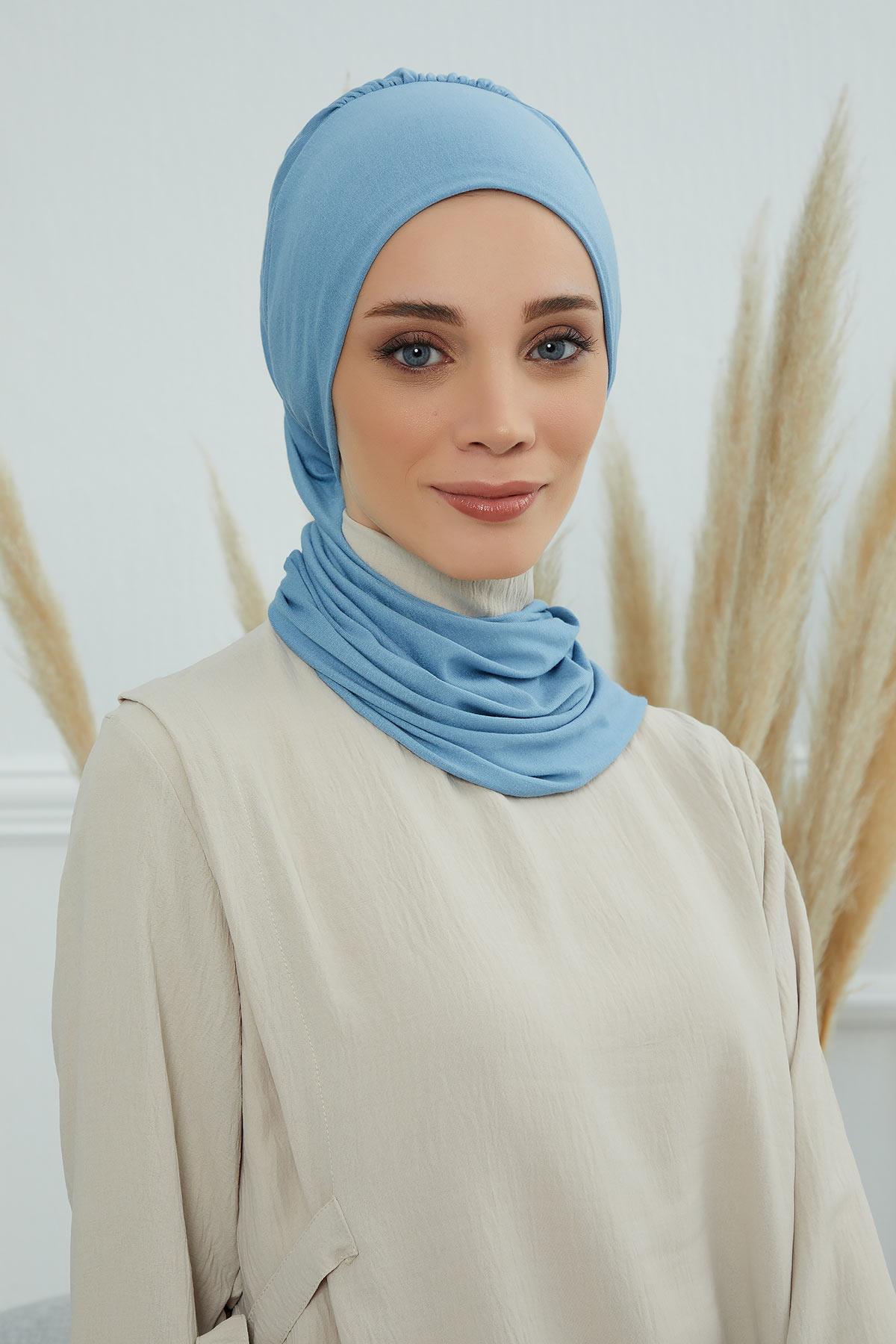 Ready to Wear Cotton Hijab Turban, Lightweight Pre-Tied Headscarf with Lycra, Easy Slip-On Modest Head Cover,HT-96 Blue
