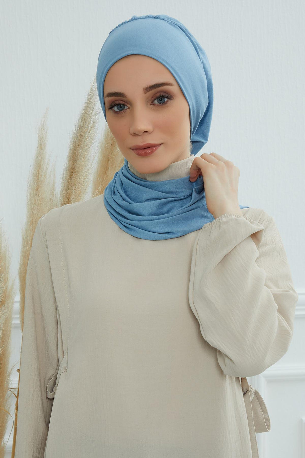 Ready to Wear Cotton Hijab Turban, Lightweight Pre-Tied Headscarf with Lycra, Easy Slip-On Modest Head Cover,HT-96 Blue