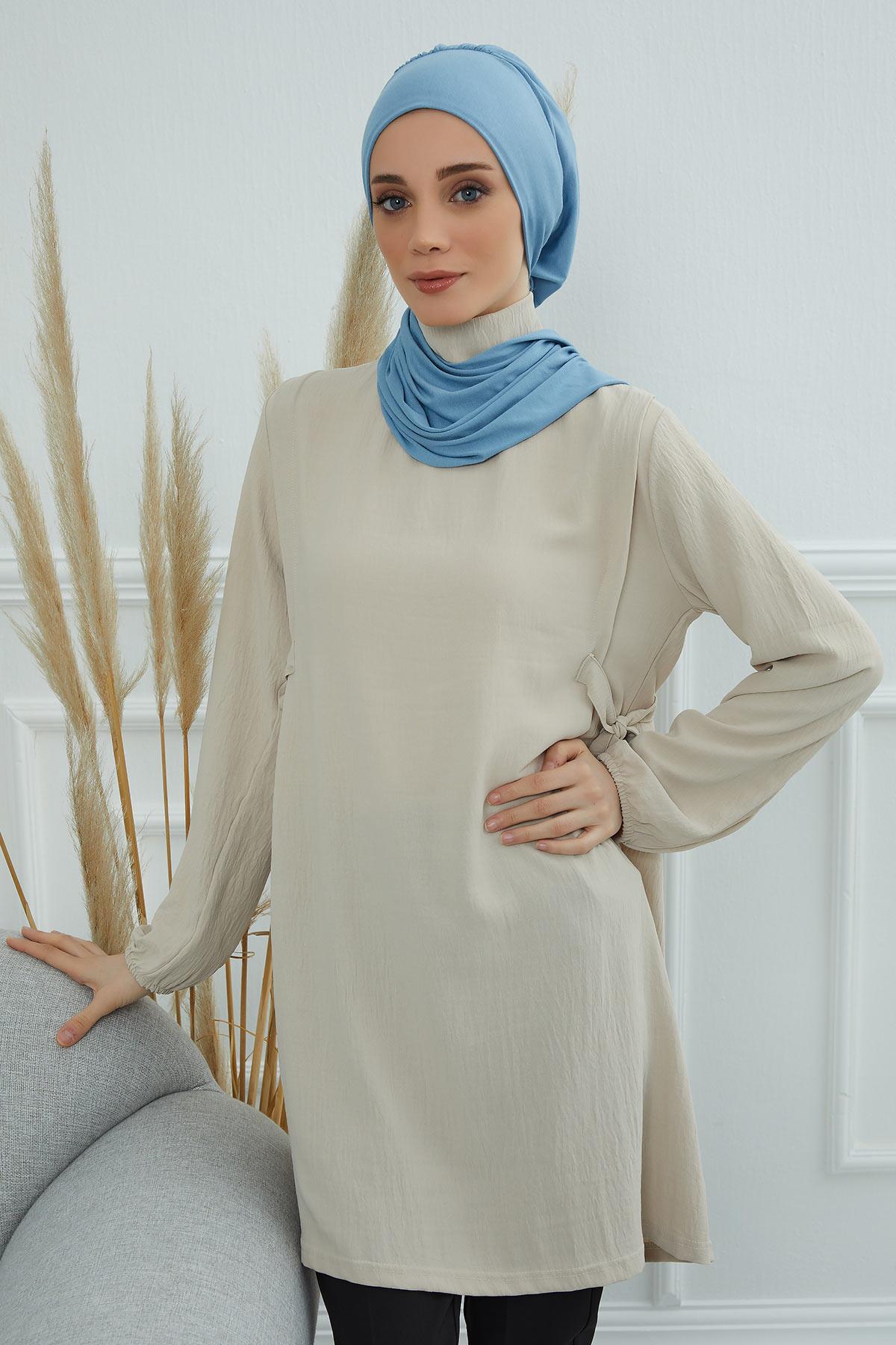 Ready to Wear Cotton Hijab Turban, Lightweight Pre-Tied Headscarf with Lycra, Easy Slip-On Modest Head Cover,HT-96 Blue