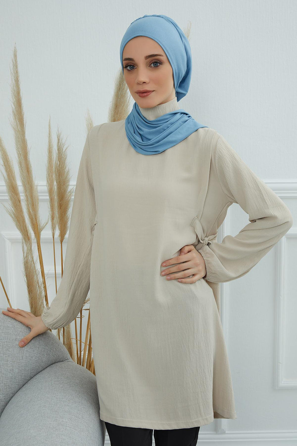Ready to Wear Cotton Hijab Turban, Lightweight Pre-Tied Headscarf with Lycra, Easy Slip-On Modest Head Cover,HT-96 Blue